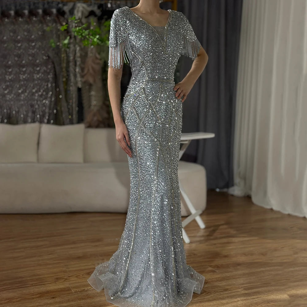 Elegant Dubai Gray Saudi Arabic Evening Gown with Beaded Tassel - Formal Abaya Dress for Women - LA72743 - Perfect for Weddings, Galas and Special Occasions
