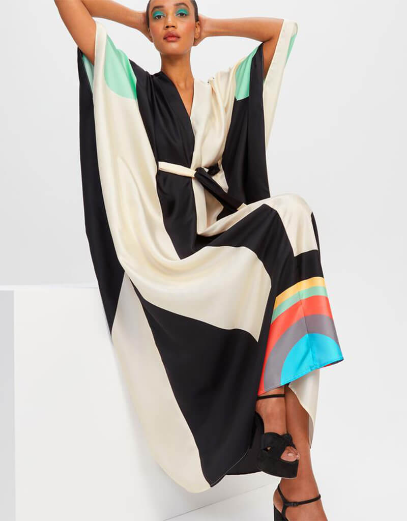 Luxury Beige & Black Satin Silk Kaftan Dress - Elegant Soft Kimono Robe for Women - Perfect for Beach Cover Up, Bridal Party, or Lounge Wear