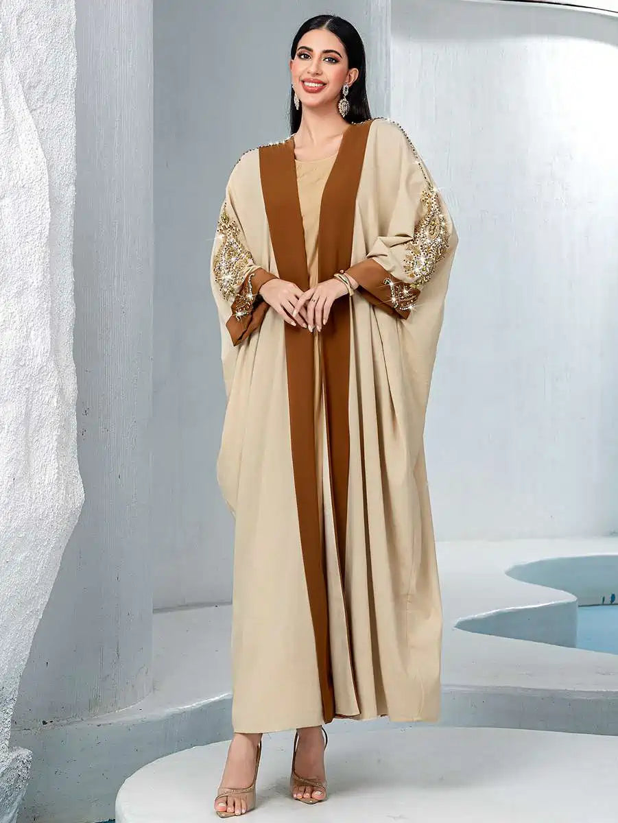 Hand-Stitched Rhinestone Embroidered Open Abaya Dress for Women | Elegant Muslim Prayer Dress | Perfect for Weddings, Parties & Special Occasions