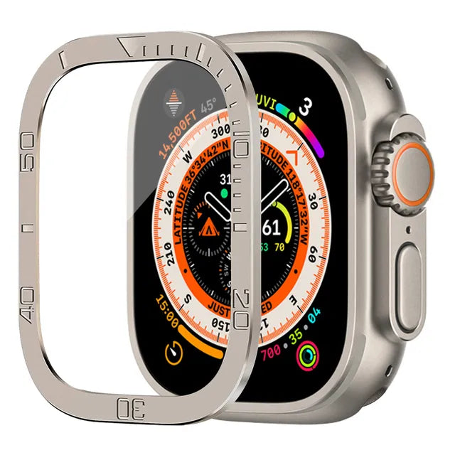 49mm Ultra Bezel Ring with Tempered Glass Protector - Durable Metal Frame & Scratch-Resistant Screen Cover for Smartwatches (Perfect for Fitness Tracking, Workouts & Everyday Wear)