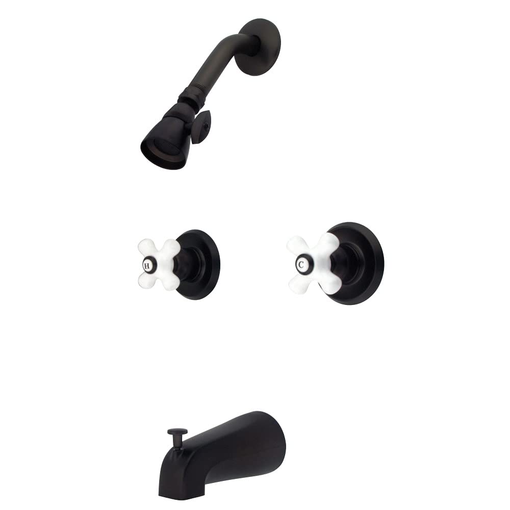 Kingston Brass KB245PX Magellan Oil Rubbed Bronze Tub and Shower Faucet with Porcelain Cross Handles, 5-Inch Spout Reach - Perfect for Bathroom Renovation and Luxury Spa Experience