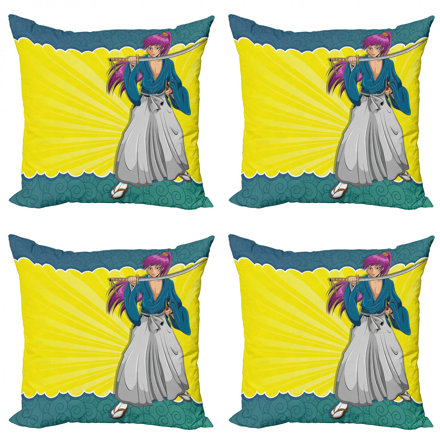 Ambesonne Anime Decorative Throw Pillow Covers Set of 4 - Manga Style Samurai Warrior Design in Yellow & Teal Abstract Pattern - 24 Inch Square Cushion Covers for Sofa, Bed, Car Seat - Perfect for Living Room Decor, Anime Lover Gifts & Home Styling