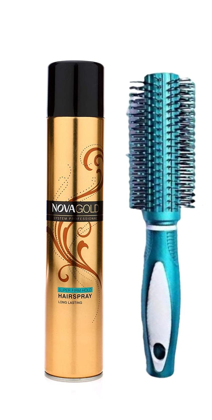 AIR BEAUTY NOVA Gold Hair Spray & Round Rolling Hair Comb Set - Volumizing Styling Spray & Detangling Comb for Smooth Shiny Hair - Perfect for Salon Styling, Home Use & Travel