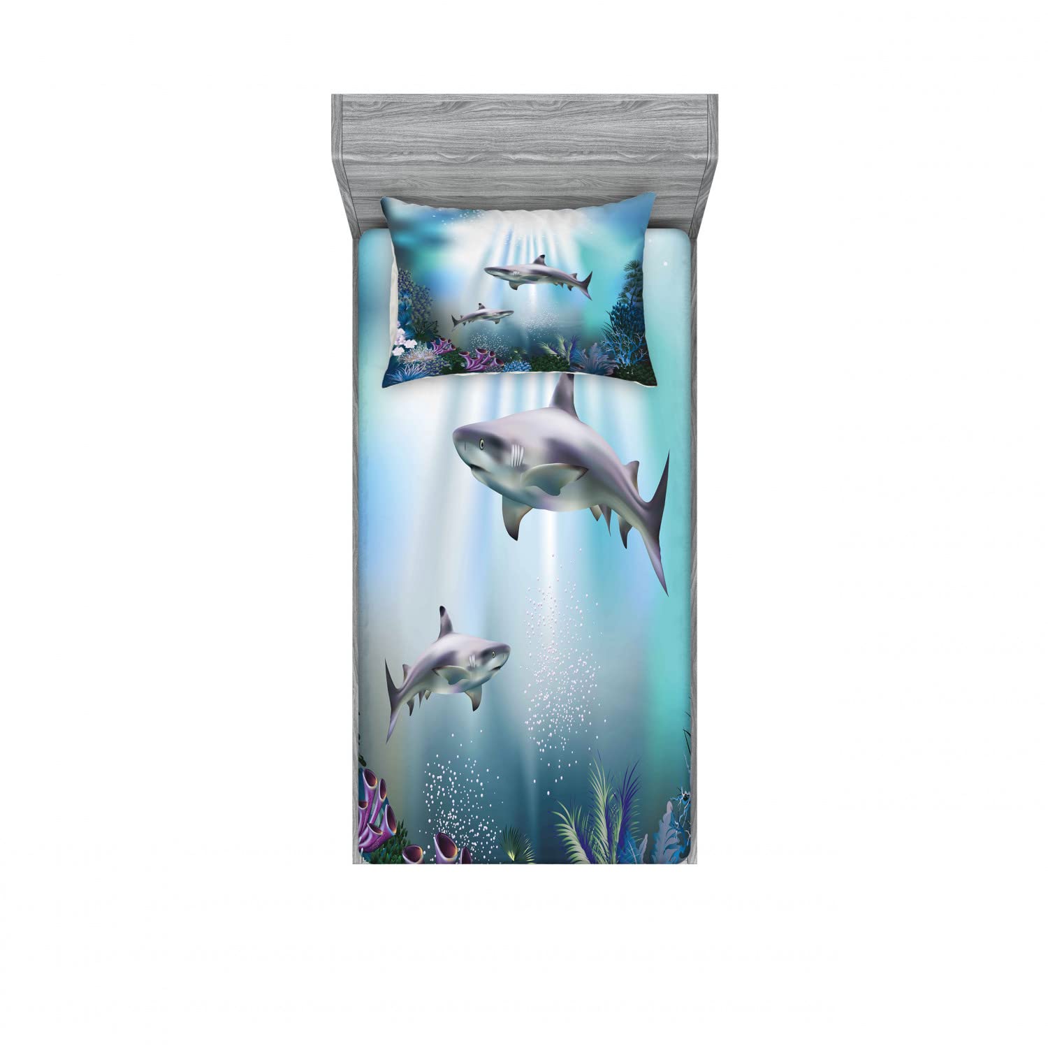 Ambesonne 2-Pack Underwater Shark & Coral Fitted Sheet and Pillow Sham Set - Twin XL Size, 4-Piece Ocean-Themed Bedding Decor for Kids & Teens - Perfect for Beach House, Dorm Room, or Marine-Themed Bedroom
