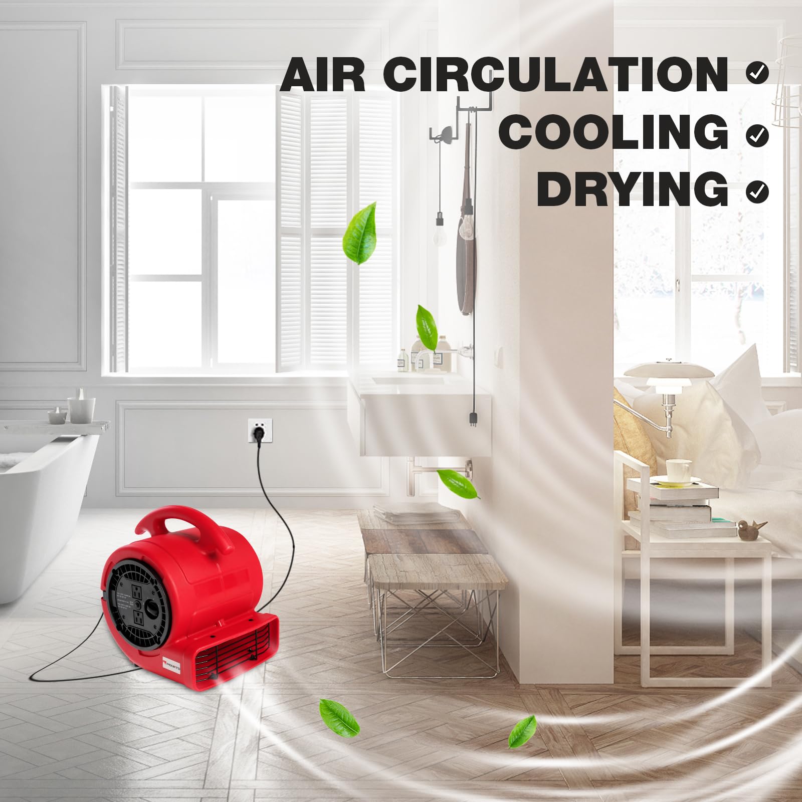 MOUNTO 1/5HP 800CFM Air Mover Blower Fan - 3-Speed Compact Carpet & Floor Drying Fan with Dual Outlet, 10ft Power Cord for Home, Gym, Warehouse - Perfect for Drying Floors, Cooling Spaces & Air Circulation (Red)