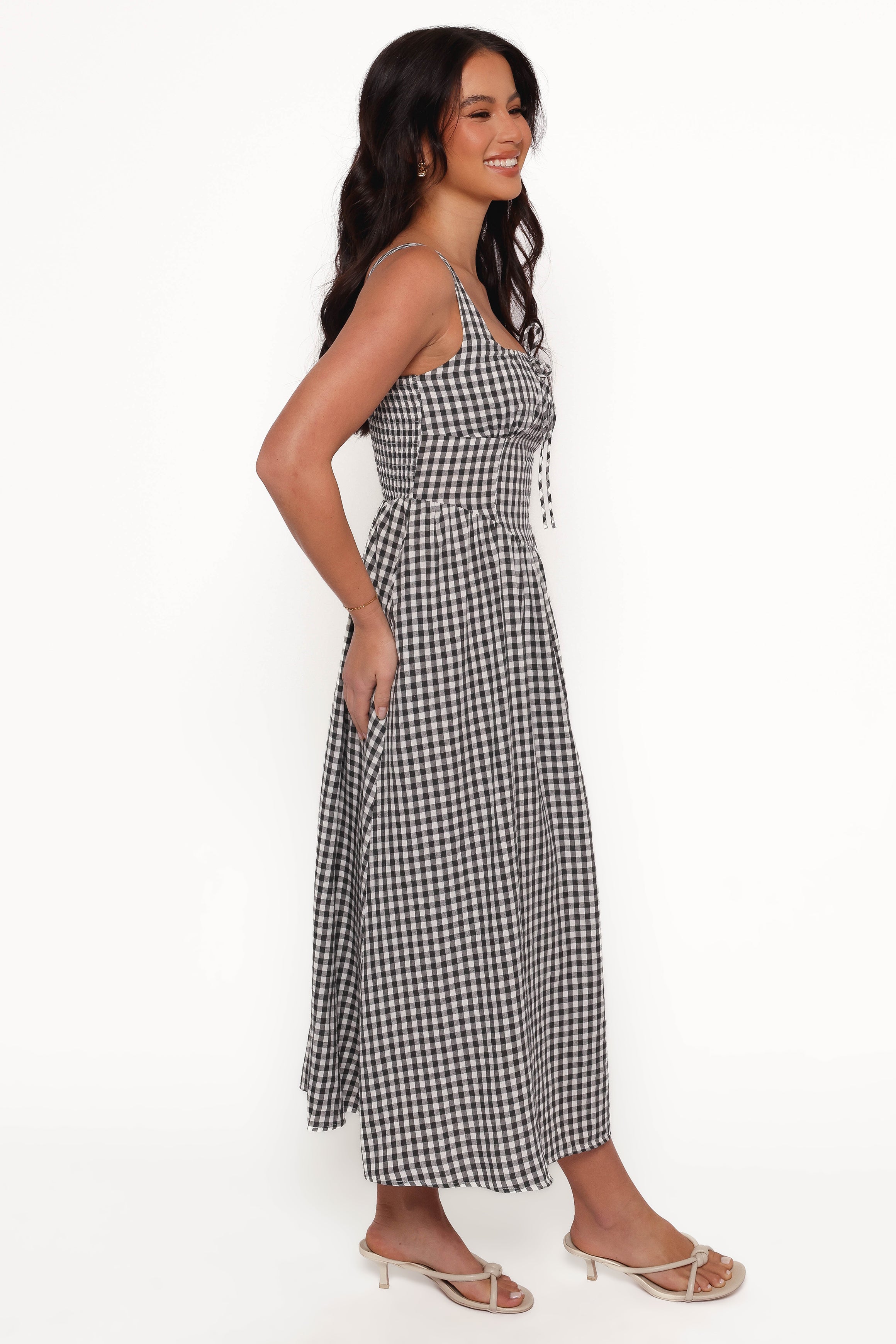 Kinslee Midi Dress - Black Gingham Floral Print Summer Dress for Women | Casual & Party Wear | Perfect for Beach, Brunch, and Date Nights