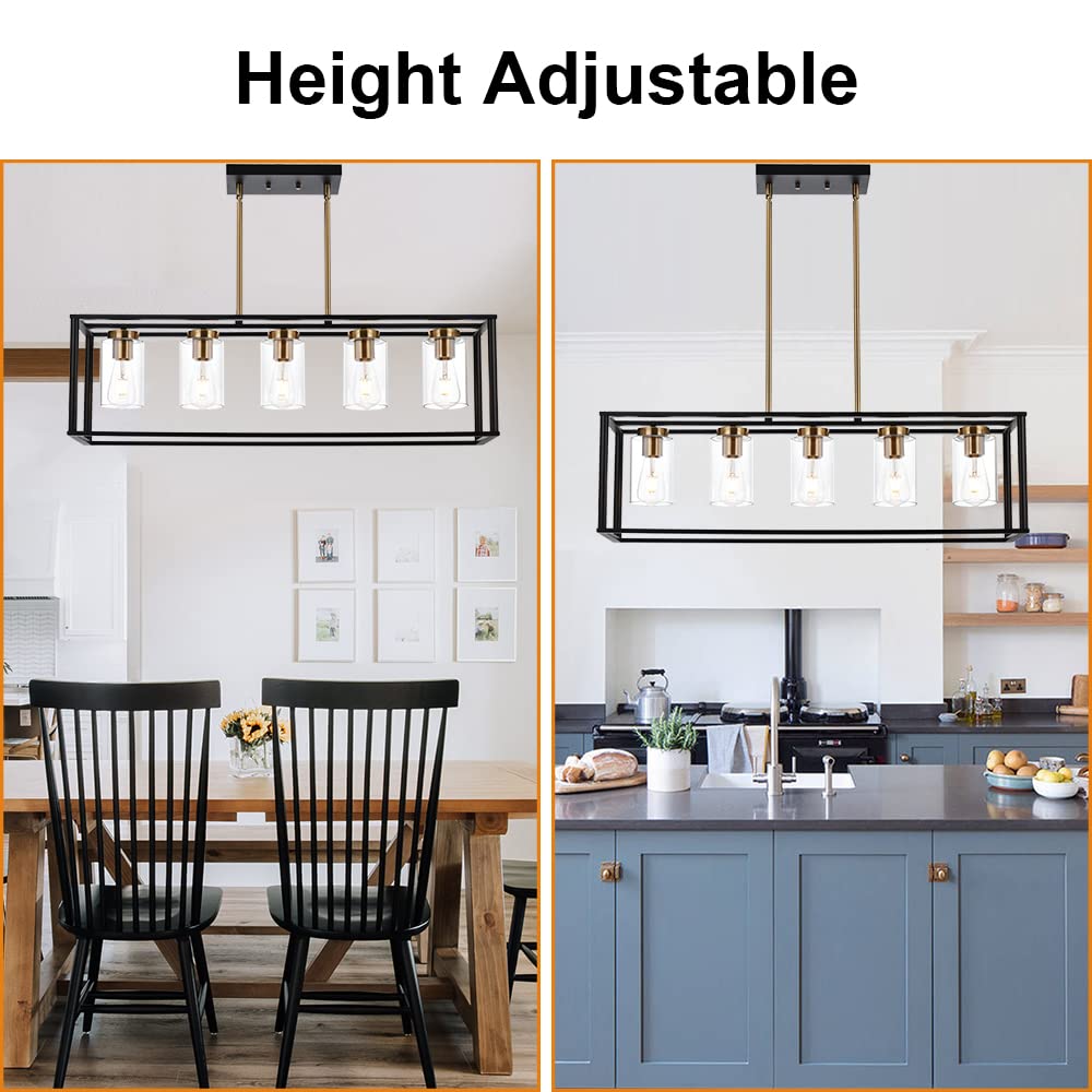 VINLUZ 5-Light Farmhouse Chandelier with Clear Glass Shade - Black & Brushed Brass Rectangular Pendant Light for Kitchen Island, Dining Room, and Industrial Ceiling Lighting | Perfect for Modern Farmhouse, Rustic, and Industrial Style Home Decor