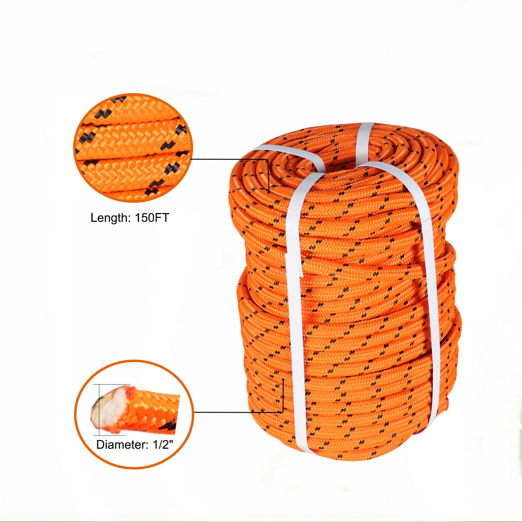 1/2 Inch x 150 Feet Double Braid Polyester Rope - Heavy Duty Arborist Rigging Rope for Tree Climbing, Multipurpose Bull Rope for Farm, Boat, Ranch, Towing & Pulling (Orange) - Perfect for Outdoor Work, Marine Use & Industrial Applications