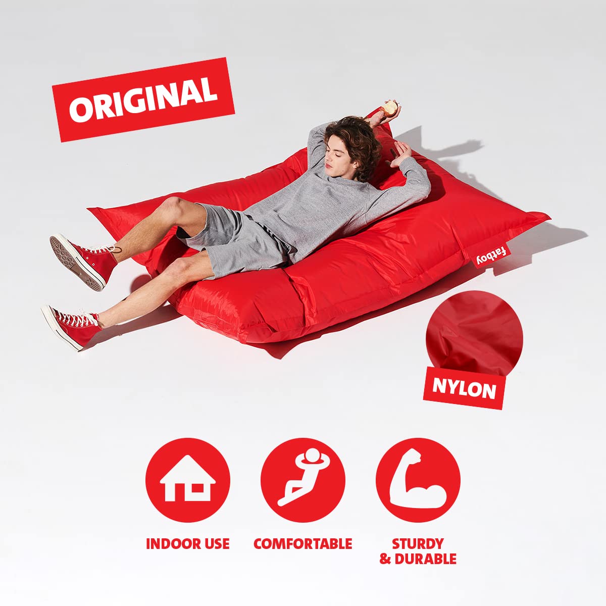 Fatboy Original Small Red Bean Bag Chair - Ultra Comfortable Indoor & Outdoor Lounge Seating for Living Room, Bedroom, Dorm, or Patio