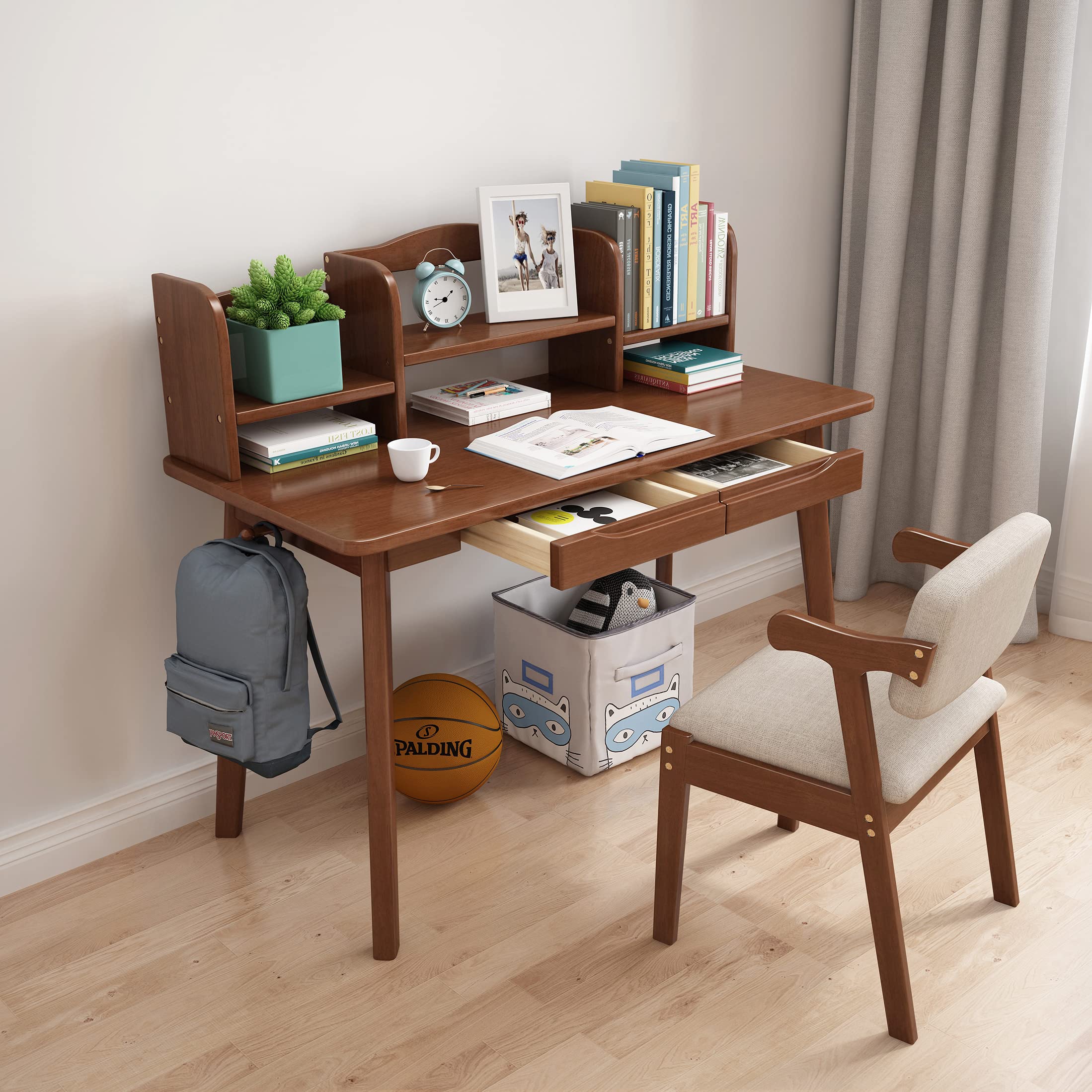 Wooden Kids Desk and Chair Set with Drawers & Bookshelf - Study Computer Workstation, Writing Table for Children's Room, Homeschool & Online Learning (Walnut)