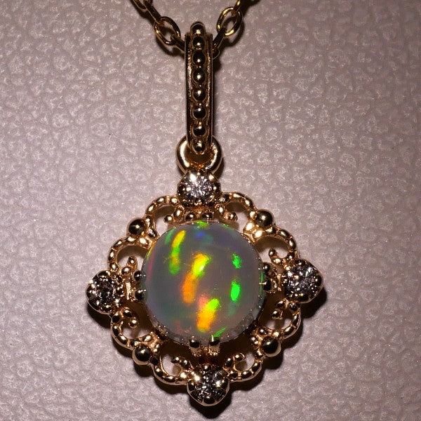 10K Yellow Gold Opal and Diamond Necklace for Women - Elegant Pendant Jewelry Gift for Birthday, Anniversary & Special Occasions