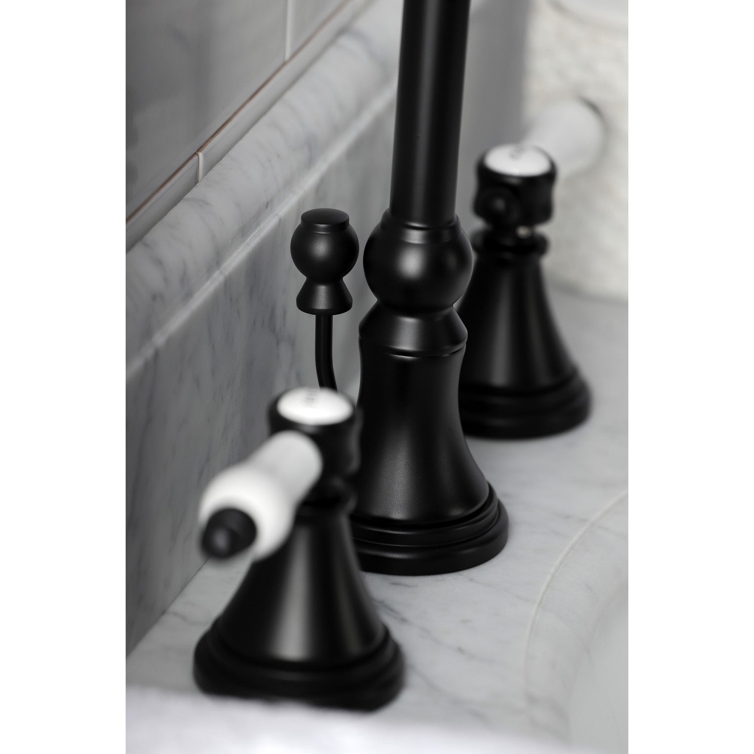 Bel Air KS2980BPL Matte Black Widespread Bathroom Faucet - 2 Handle 3 Hole Deck Mount with Brass Pop Up Drain - Perfect for Modern Bathroom Vanities & Sink Upgrades
