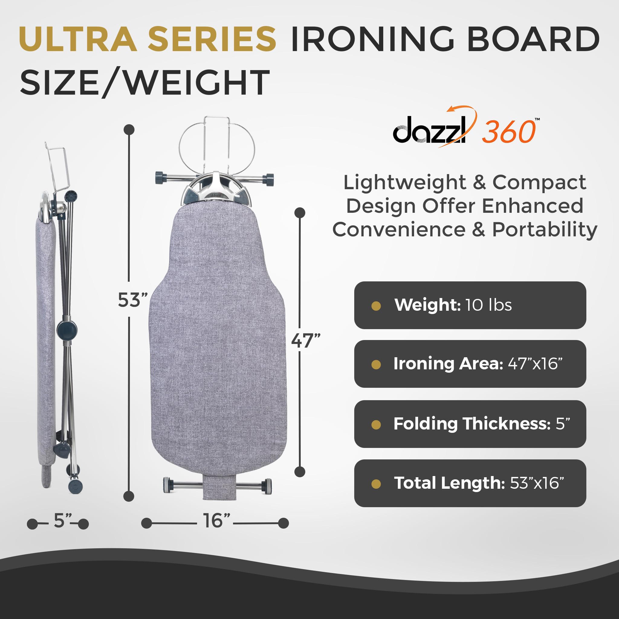 Dazzl 360-Degree Roto-Flip EZ71 Ultra Ironing Board - Dual-Sided Torso-Shaped Ironing Board with 8-Level Adjustable Height, Rotatable Iron Holder & Dual-Clamp Garment Clip - Full Size HDPE Ironing Board for Home, Laundry Room, and Professional Tailoring