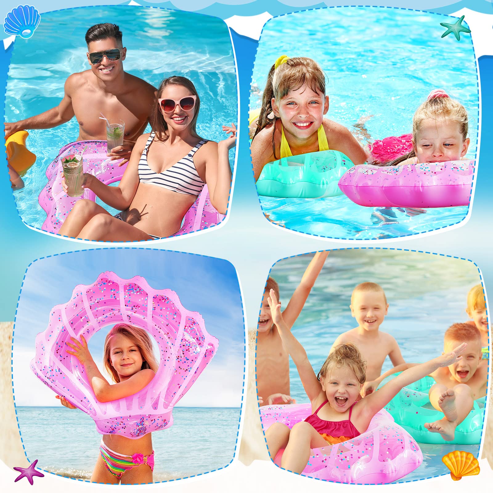 2 Pack Inflatable Seashell Swim Rings - Glitter Confetti Pool Floats for Kids, Toddlers & Teens - Pink & Blue Water Swim Tubes for Summer Beach, Pool Parties & Decorations
