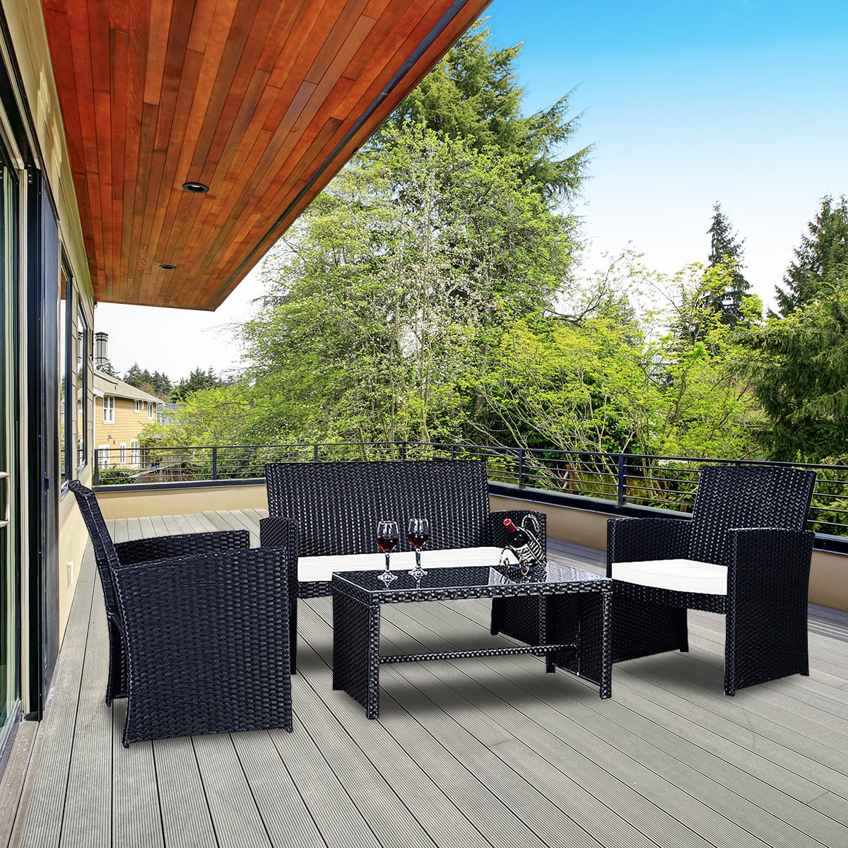 Casart 4-Piece Rattan Patio Furniture Set - Wicker Outdoor Sectional Sofa with Tempered Glass Coffee Table, High Backrest & Removable Cushions - Perfect for Garden, Lawn, Balcony, Deck & Poolside Relaxation