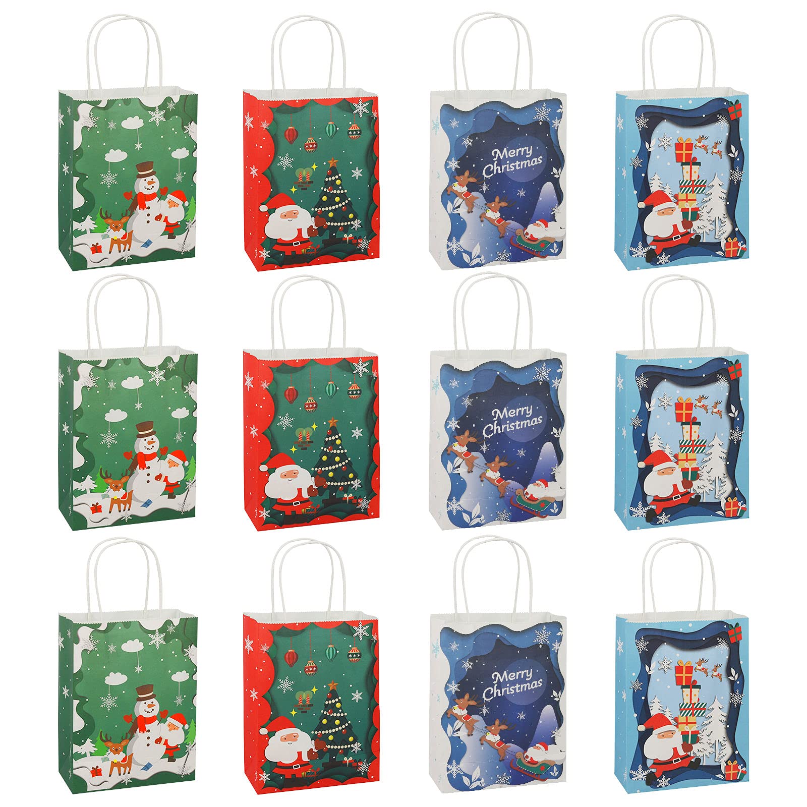 12 Pack Christmas Gift Bags - Medium Kraft Holiday Treat Bags for Xmas Party Favors, Goodie Bags & Kids Wrapping | Bulk Variety Pack for Holiday Gifting, Office Exchange & Family Gatherings