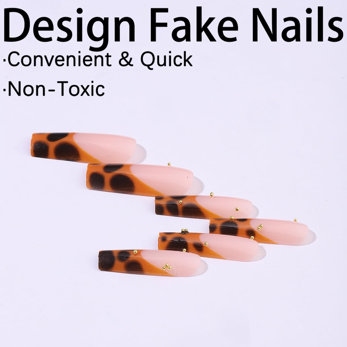 Leopard Press on Nails - 24pcs Long Square Fake Nails with Gold Rhinestone & French Tip Designs | Glossy Reusable Stick on Nails for Women & Girls | Perfect for Parties, Weddings, and Everyday Manicure