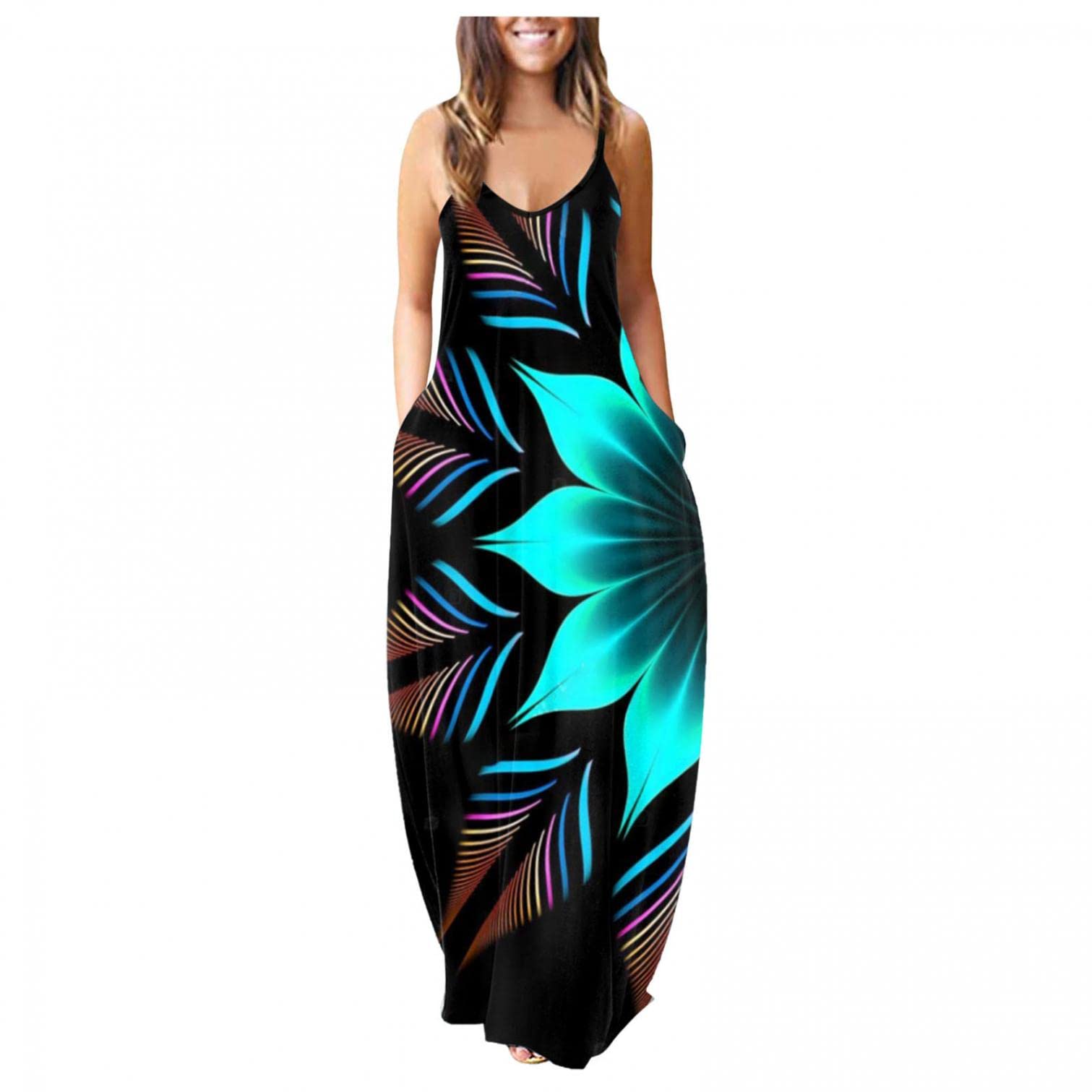 2022 Women's Summer Maxi Dresses - Sleeveless Spaghetti Strap Floral Bohemian Beach Sundress | Casual Long Dress for Vacation, Pool Party & Outdoor Date