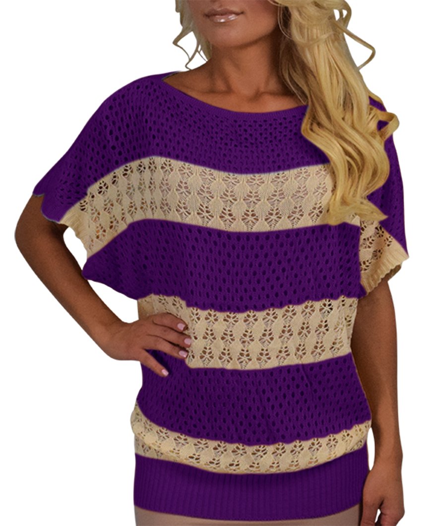 Vintage Bohemian Crochet Striped Top for Women - Boho Chic Summer Blouse - Perfect for Beach, Music Festivals & Casual Outings