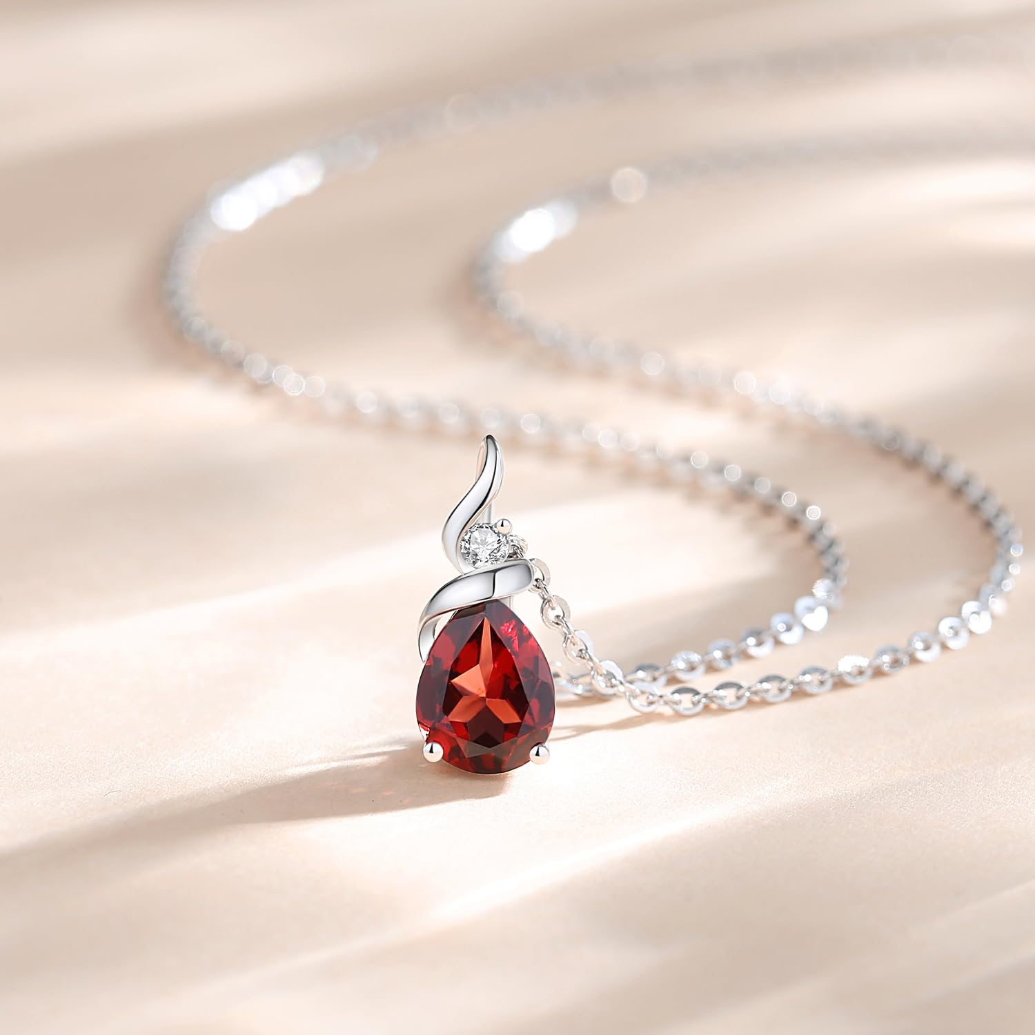 14K Solid White Gold Birthstone Pendant Necklace for Women | Pear-Shaped Diamond Teardrop Necklace | Personalized Birthday Gift for Mom | Sterling Silver Chain with 16