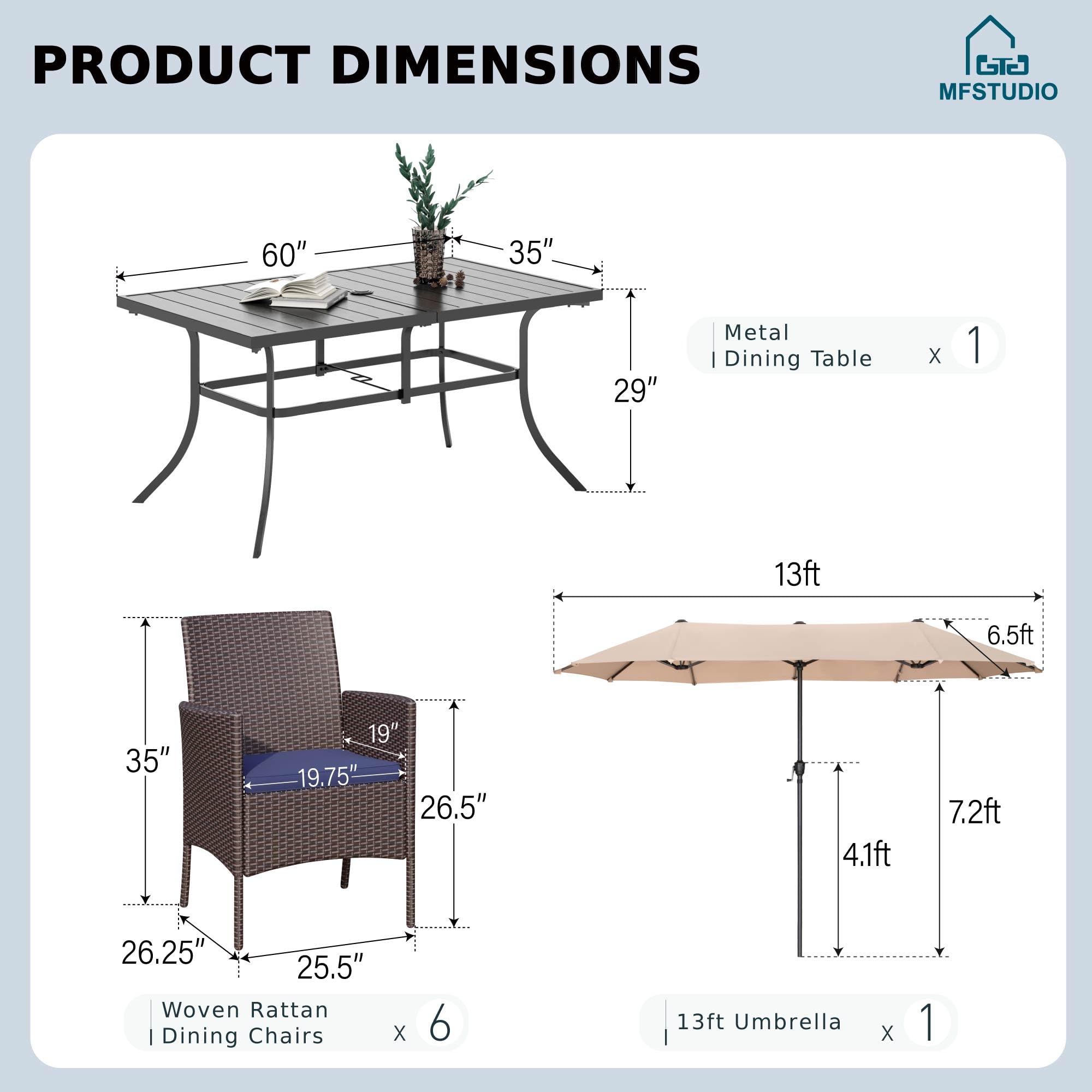 MFSTUDIO 8-Piece Rattan Dining Set with Umbrella for Outdoor Patio - Perfect for Garden Parties & BBQs