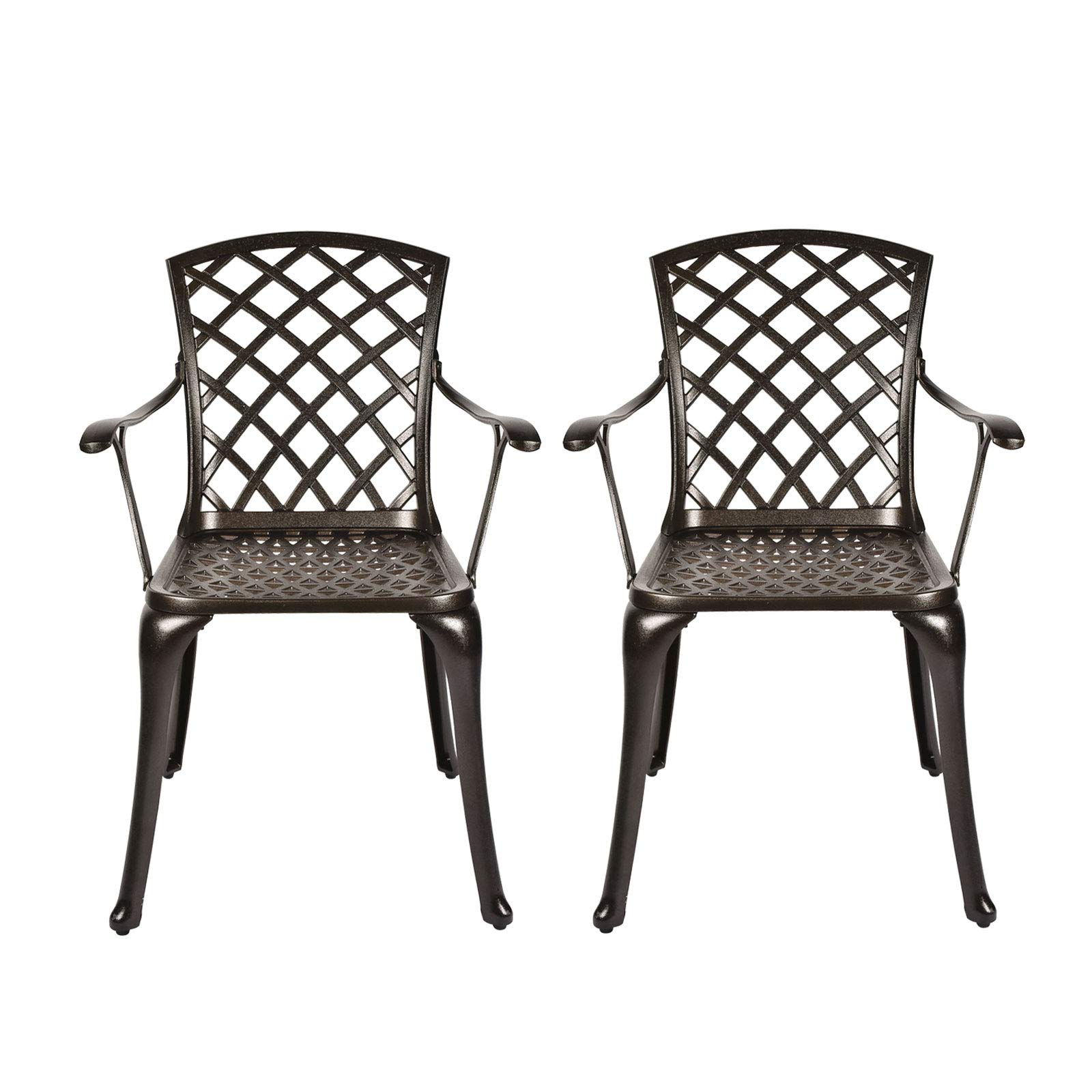 OKIDA 2-Piece Cast Aluminum Arm Dining Chairs Set - Outdoor Patio Bistro Chairs with Lattice Weave Design for Garden, Backyard, Poolside & Restaurant Use