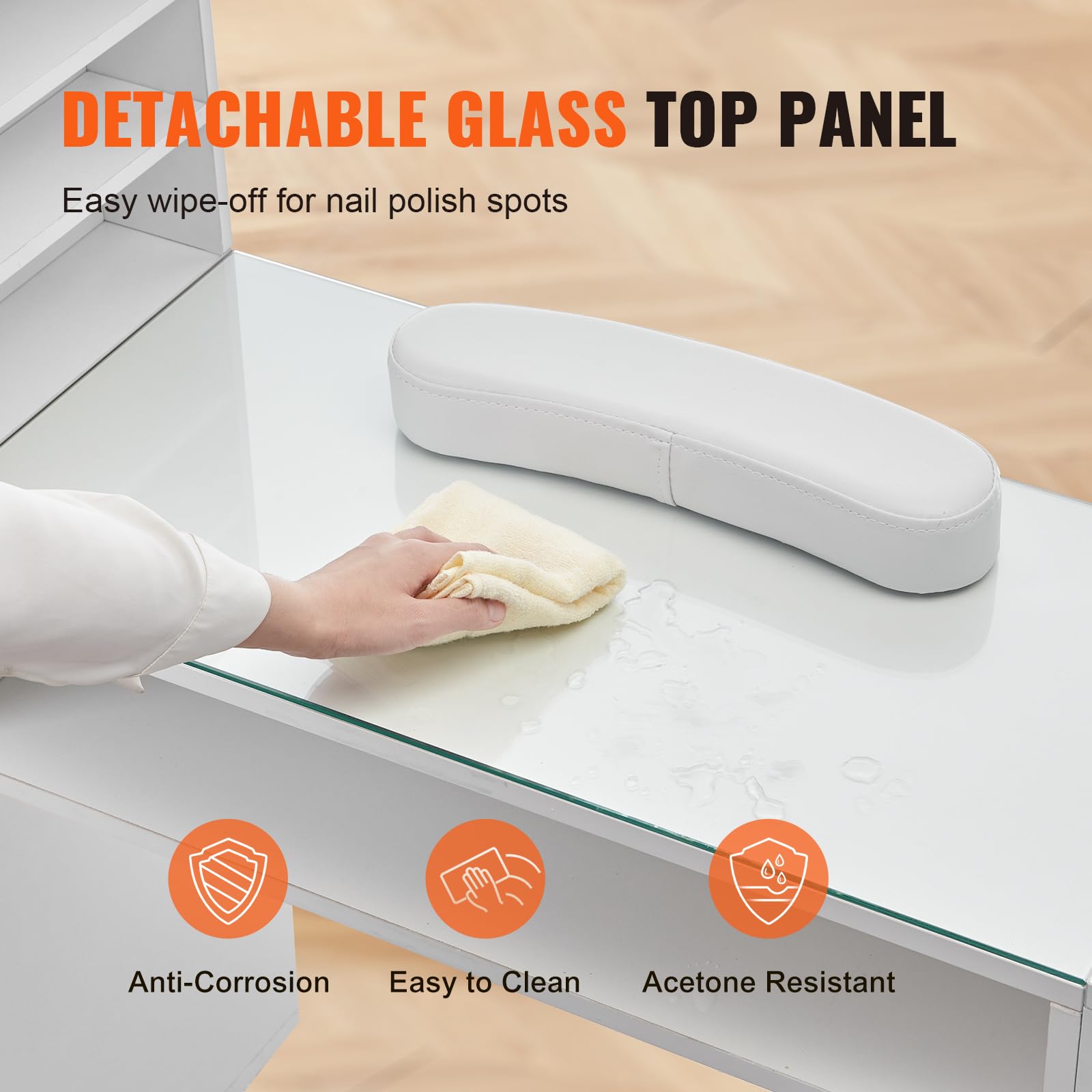 VEVOR Professional Manicure Table with Glass Top & Storage Cabinets - Acetone-Resistant Nail Tech Desk for Salon & Spa - Includes Wrist Rest & 8 Metal Legs (White) - Perfect for Nail Artists, Beauty Technicians & Home Salon Setup
