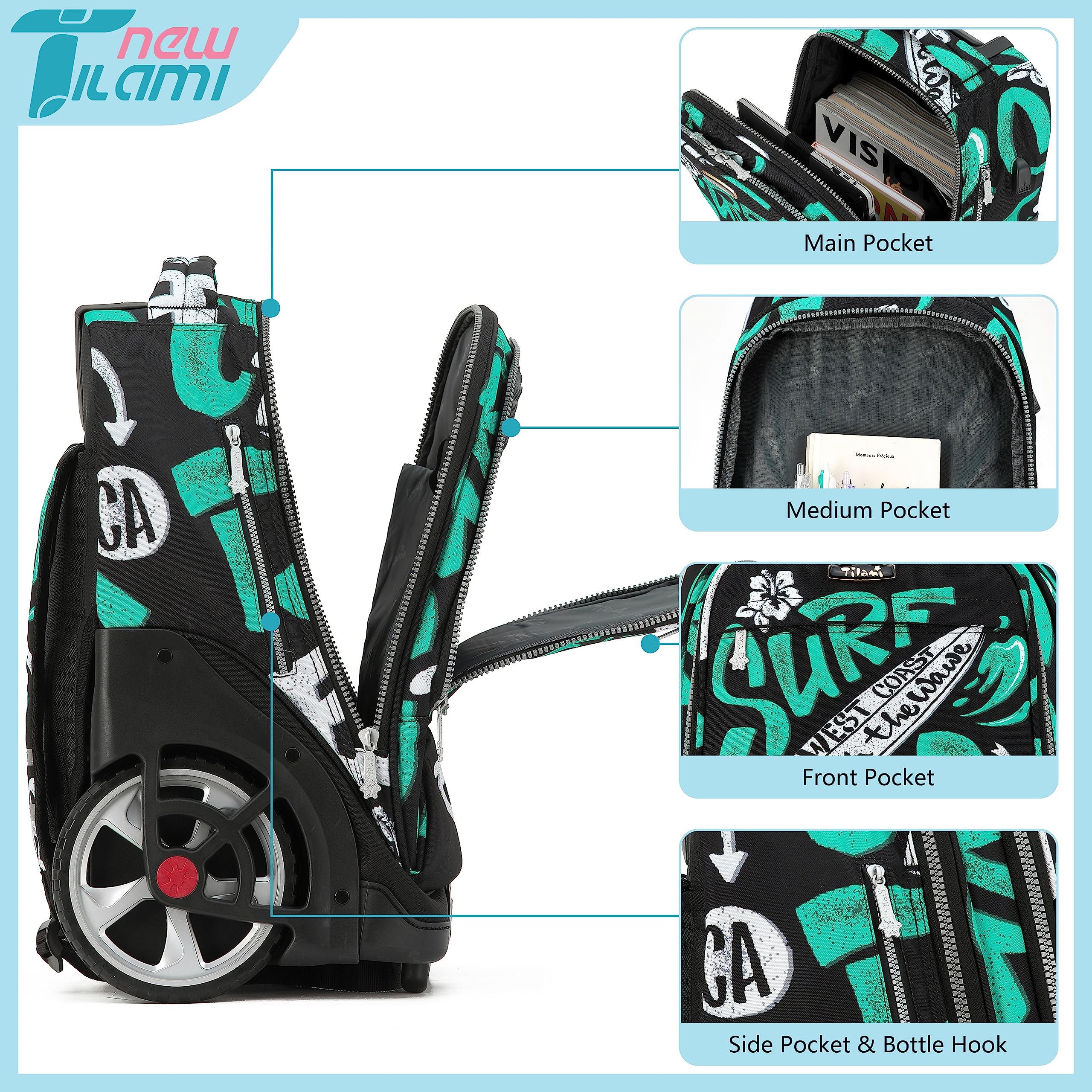 **TILAMI 19 Inch Rolling Backpack with Lunch Bag - Durable Wheeled Laptop Backpack for Boys & Girls, Stylish Carry-On for School, Travel, Beach & Surf Riding**    *(Perfect for School, Commuting, Weekend Trips & Outdoor Adventures!)*