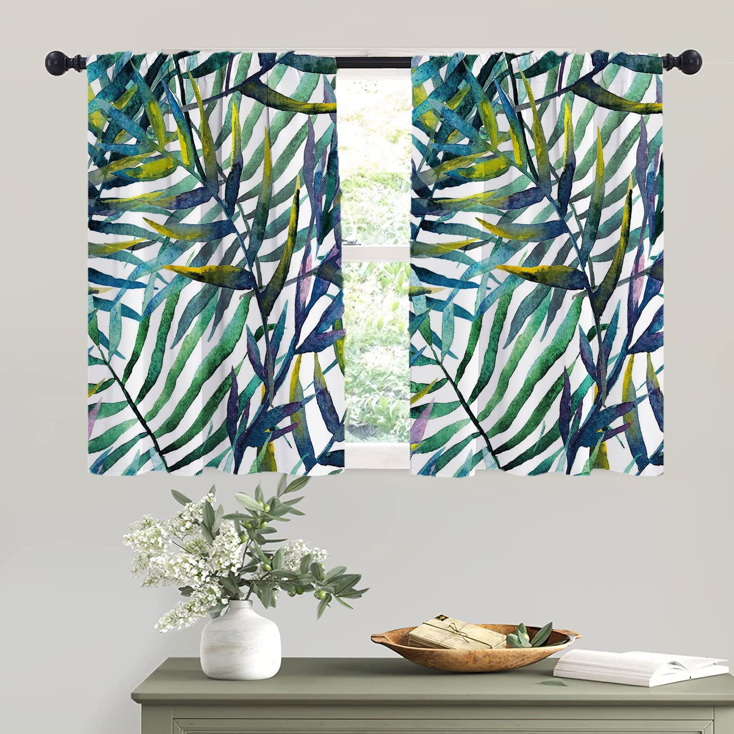 Tropical Palm Leaf Blackout Curtains for Kitchen, Nursery, Dining & Bathroom - 2 Panels, Green & Purple, 42