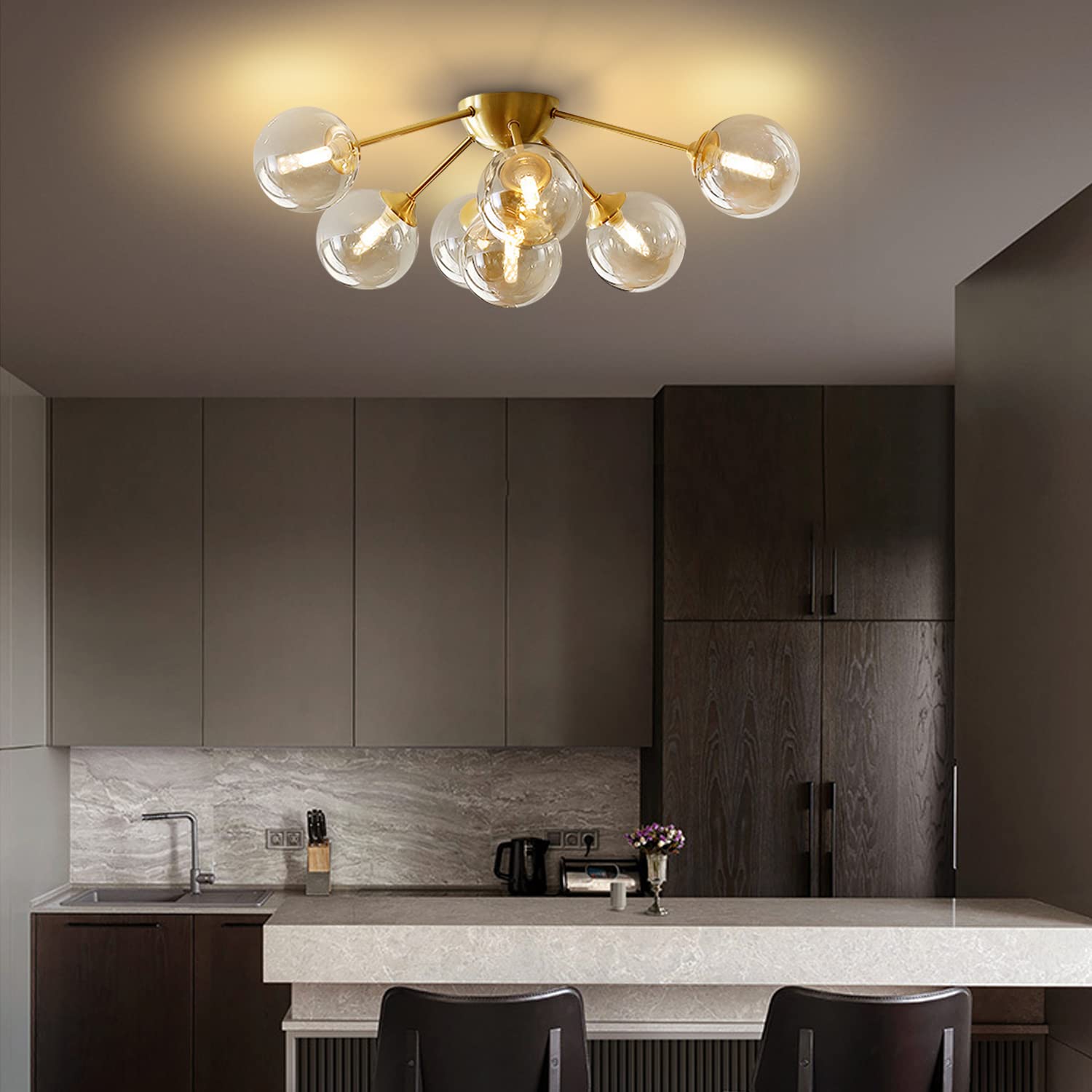 7-Lights Amber Glass Flush Mount Ceiling Light - Brushed Gold Globe Chandelier - Mid Century Modern Fixture for Living Room, Bedroom, Dining Room & Hallway - Warm Ambient Lighting for Home Decor