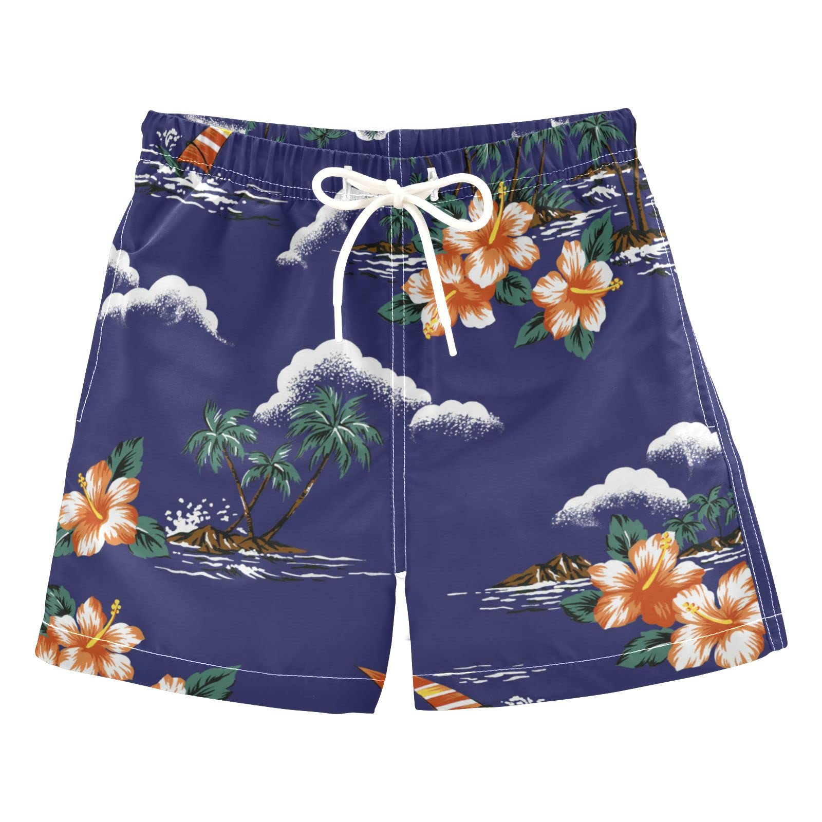 AMICHIC Boys Hawaiian Print Swim Trunks with Mesh Lining - Quick Dry Beach Shorts, Adjustable Waistband for Kids - Perfect for Pool, Beach Vacation & Summer Water Activities
