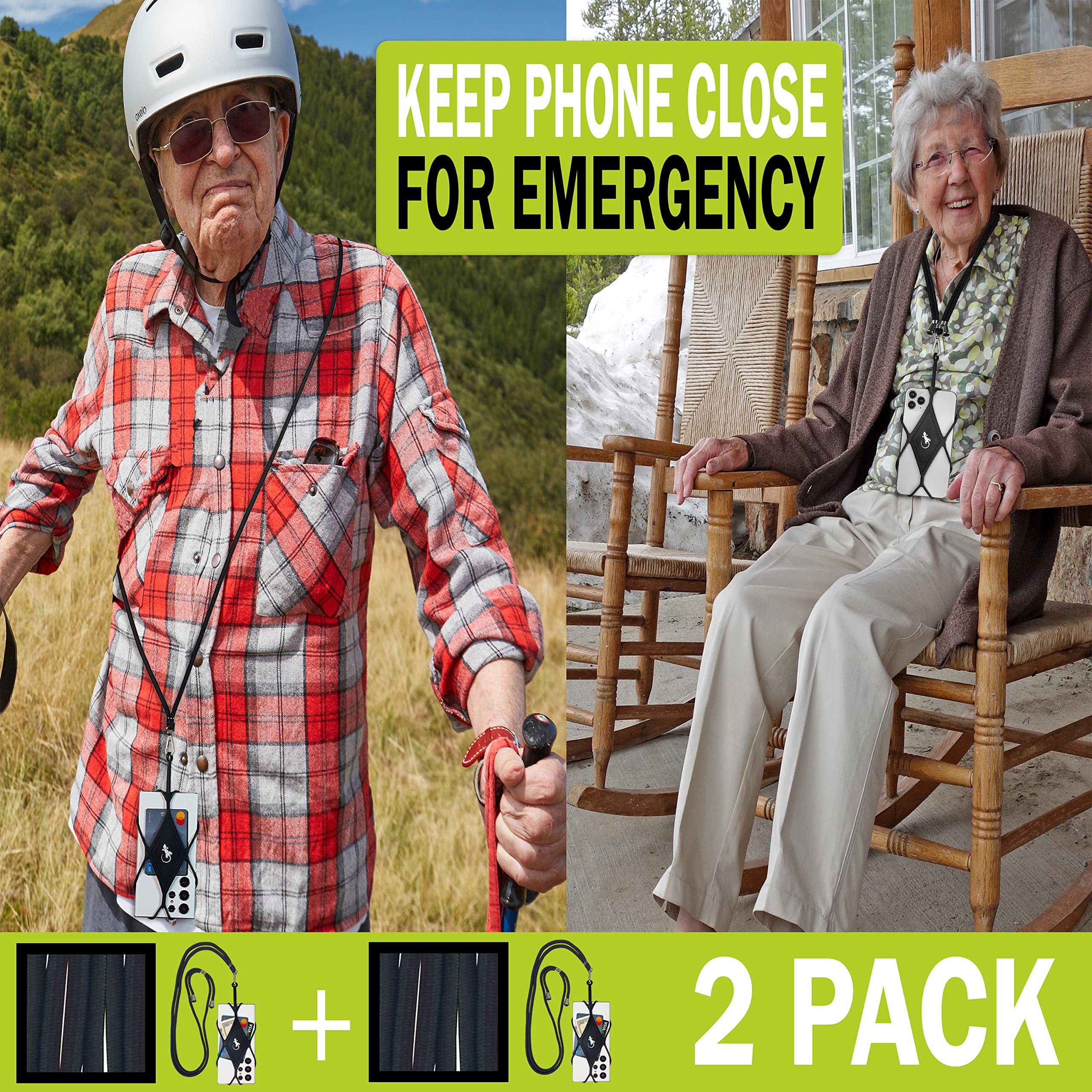 Gecko Cell Phone Lanyard 2-Pack - Neck Strap for iPhone - Black | Hands-Free for Work & Travel