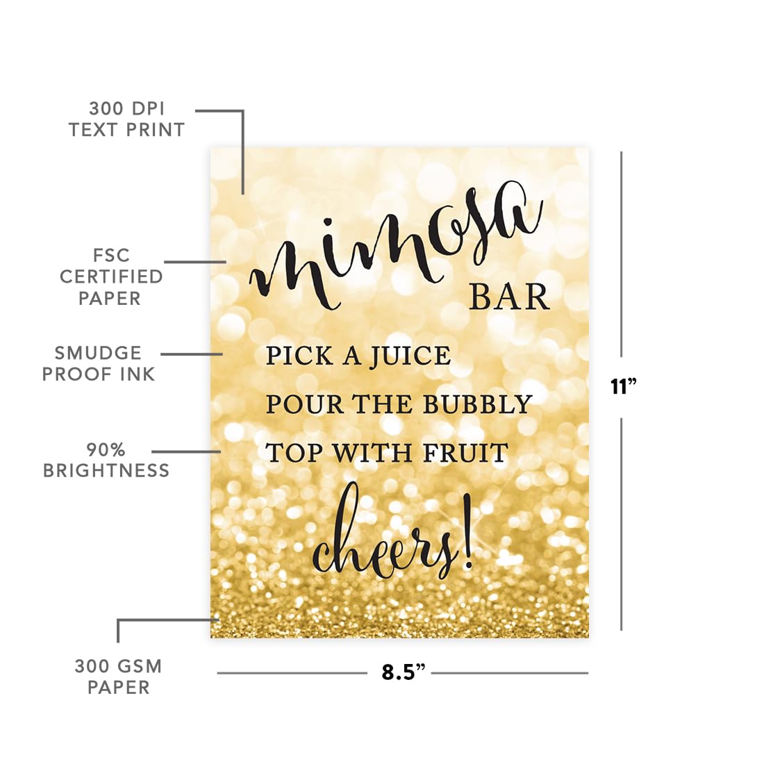 Glitzy Gold Glitter Wedding Party Signs - 8.5x11 Inch DIY Mimosa Bar Sign with 'Pick a Juice, Pour Bubbly Champagne, Top with Fruit' Design - Perfect for Bridal Showers, Receptions & Dessert Tables (1-Pack)