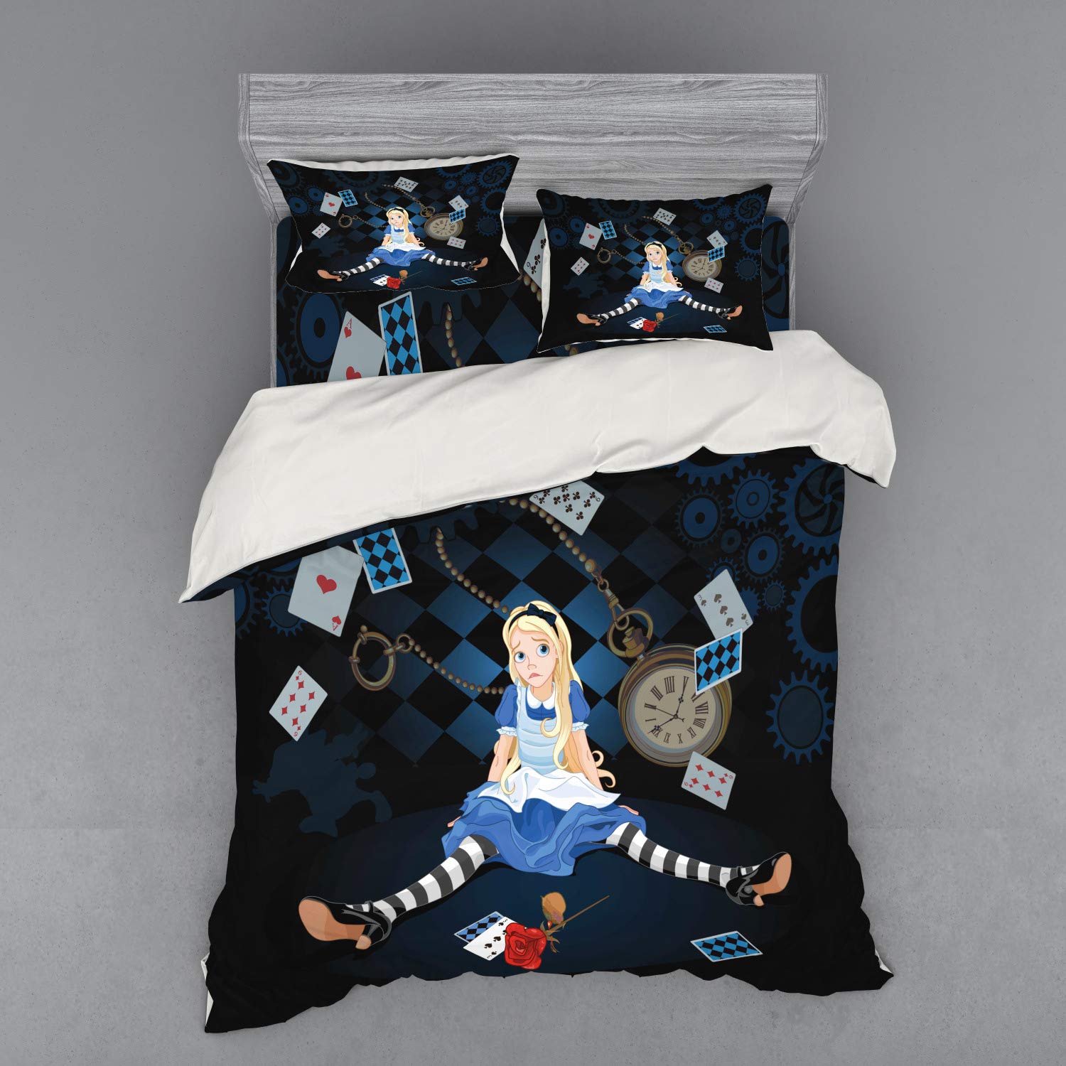 Ambesonne Alice in Wonderland Queen Size 4-Piece Bedding Set - Duvet Cover with Shams & Fitted Sheet, Cartoon Checkered Design with Alice Sitting Among Flying Cards and Roses, Multicolor - Perfect for Themed Bedrooms, Kids Rooms, and Wonderland-Inspired Decor
