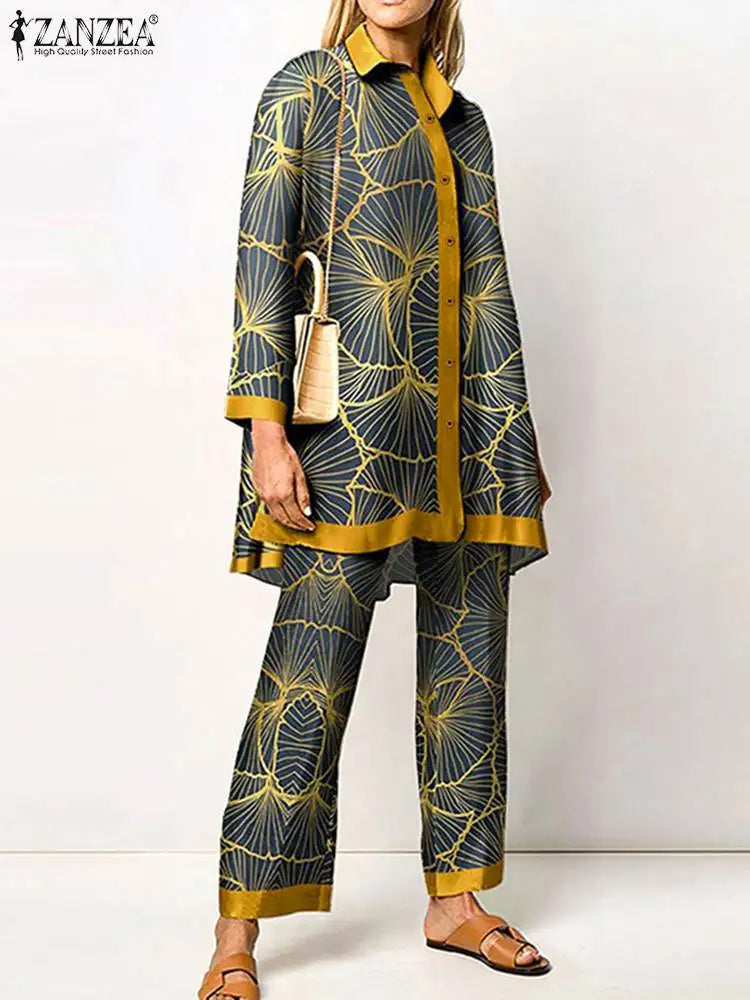 ZANZEA Women's Retro Printed 2-Piece Pant Set - Long Sleeve Lapel Shirt & Elegant Trousers Outfit | 2023 Fashion Tracksuit for Holiday & Casual Wear