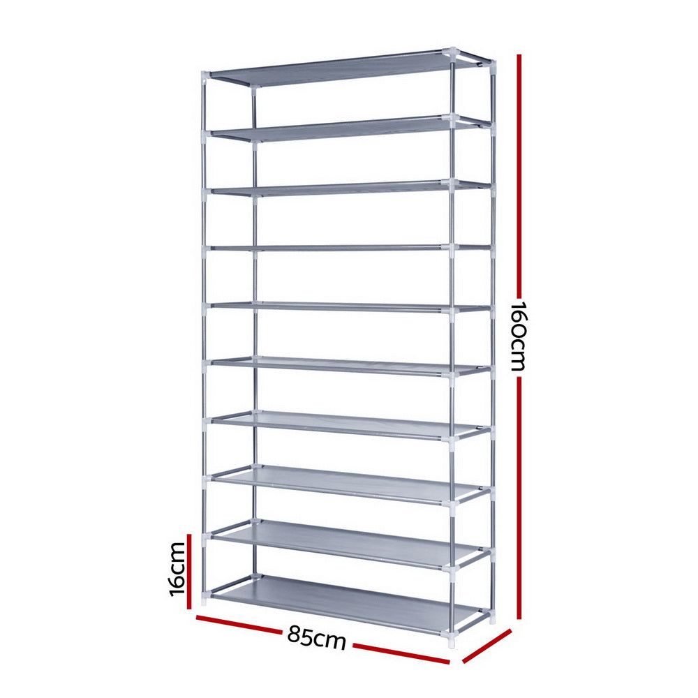 10-Tier Stackable Shoe Rack Organizer - Space Saving Closet Storage for Sneakers, Boots & Heels - Sturdy Metal Frame in Silver/Grey - Perfect for Bedroom, Entryway & Dorm Organization