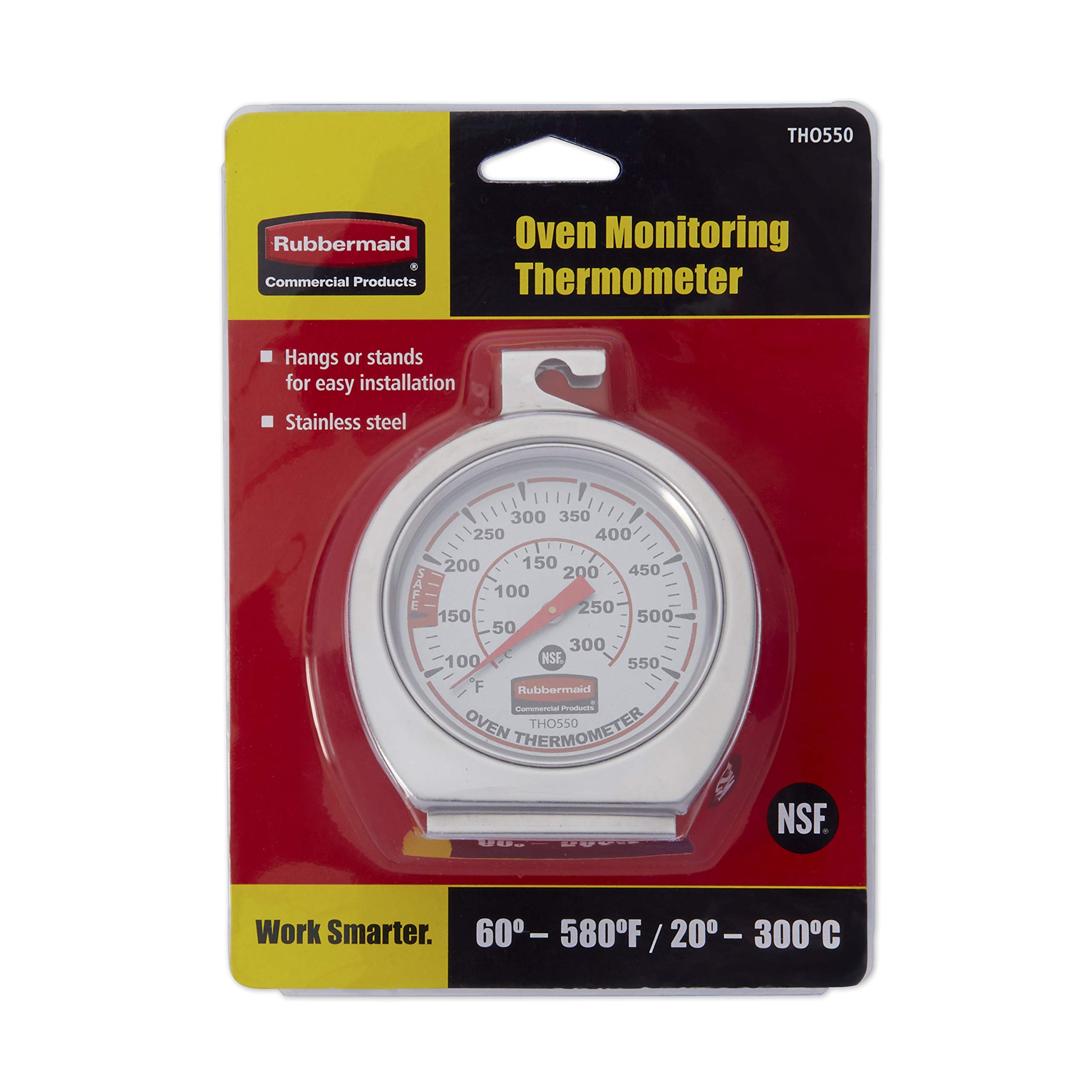 Rubbermaid Commercial Stainless Steel Oven Thermometer - 60-580°F Range for Grilling, Smoking & Baking - Large Easy-Read Dial for Restaurants & Home Cooking - Perfect for Meat, Pizza & BBQ Monitoring