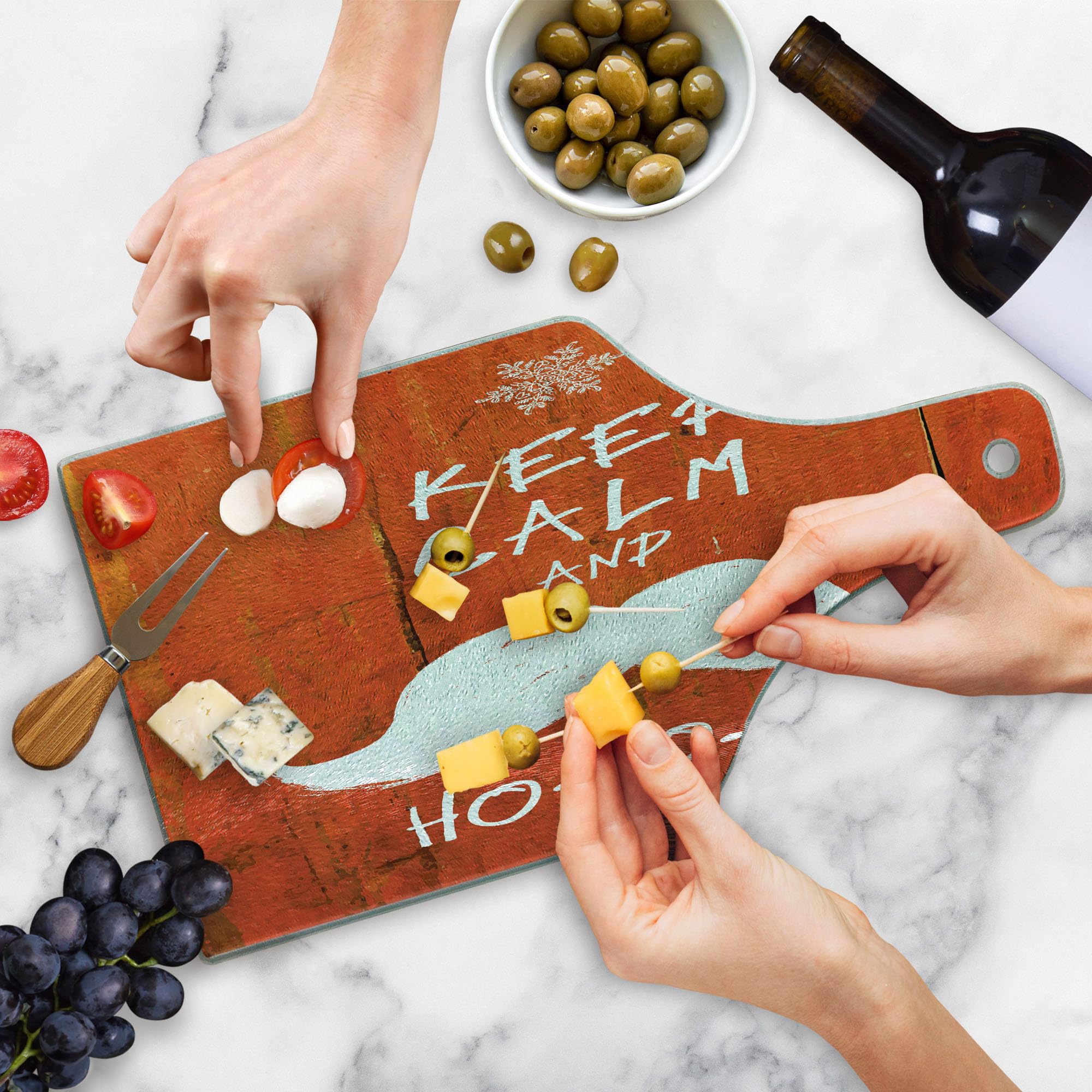 Ambesonne Christmas Themed Tempered Glass Cutting Board - Funny 'Keep Calm and Ho-Ho-Ho' Design with Moustache & Snowflakes - Decorative Serving Board in Wine Bottle Shape (Vermilion/White) - Perfect for Holiday Parties, Gift Giving & Festive Kitchen Decor