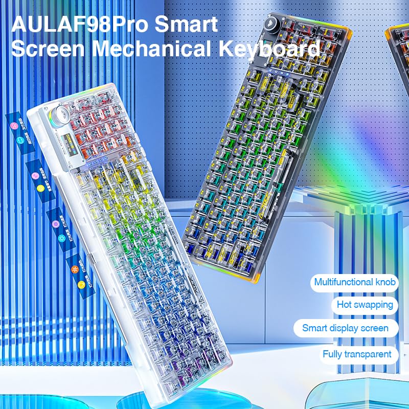 AULA F98 Pro Wireless Mechanical Keyboard - Hot-Swappable RGB Gaming Keyboard with Transparent Keycaps, Linear Switches, Gasket Mount & OLED Screen | Bluetooth 5.0/2.4G/USB-C for PC/Mac (Ideal for Gaming, Typing & Office Work)