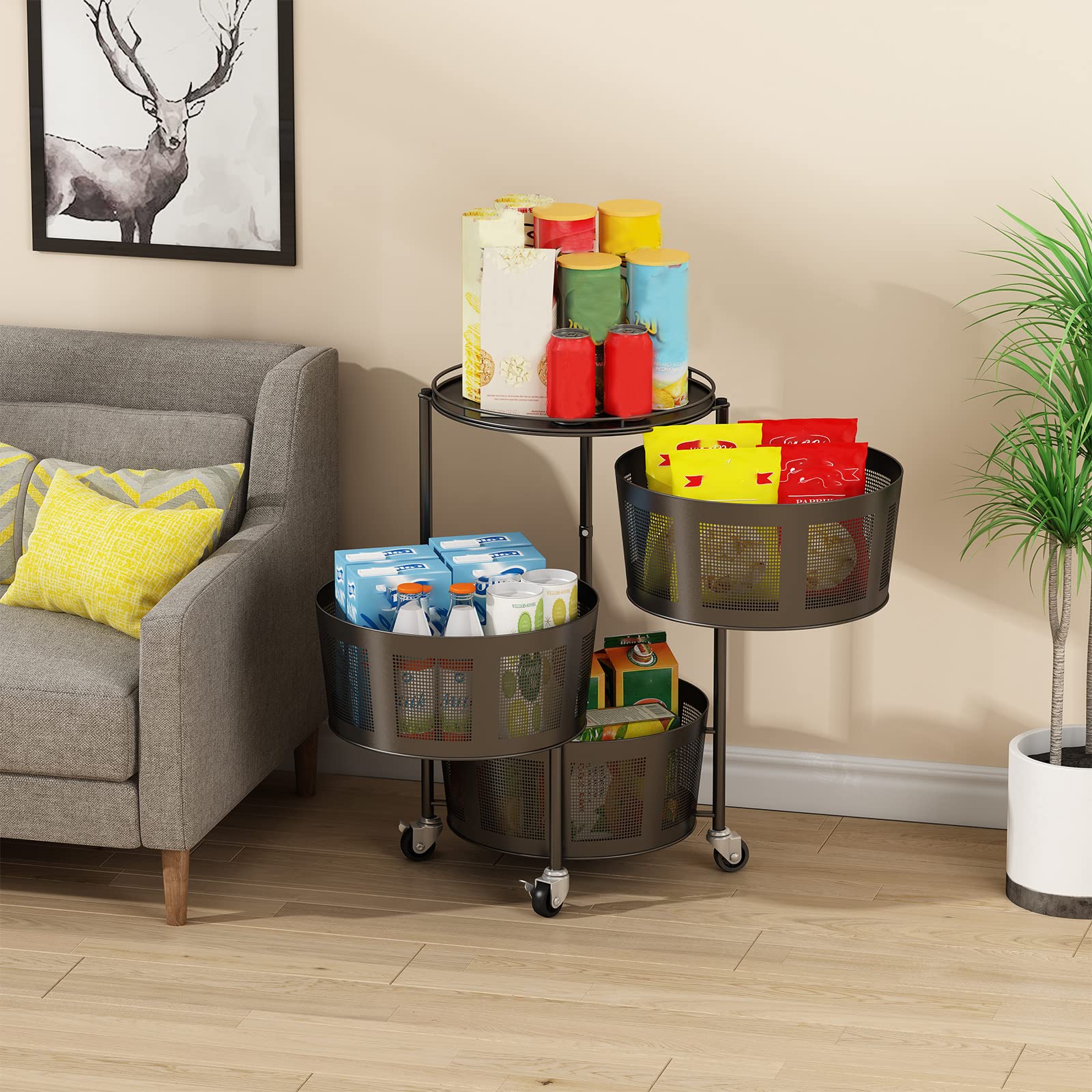3-Tier Rotating Kitchen Storage Rack on Wheels - Space-Saving for Home & Office