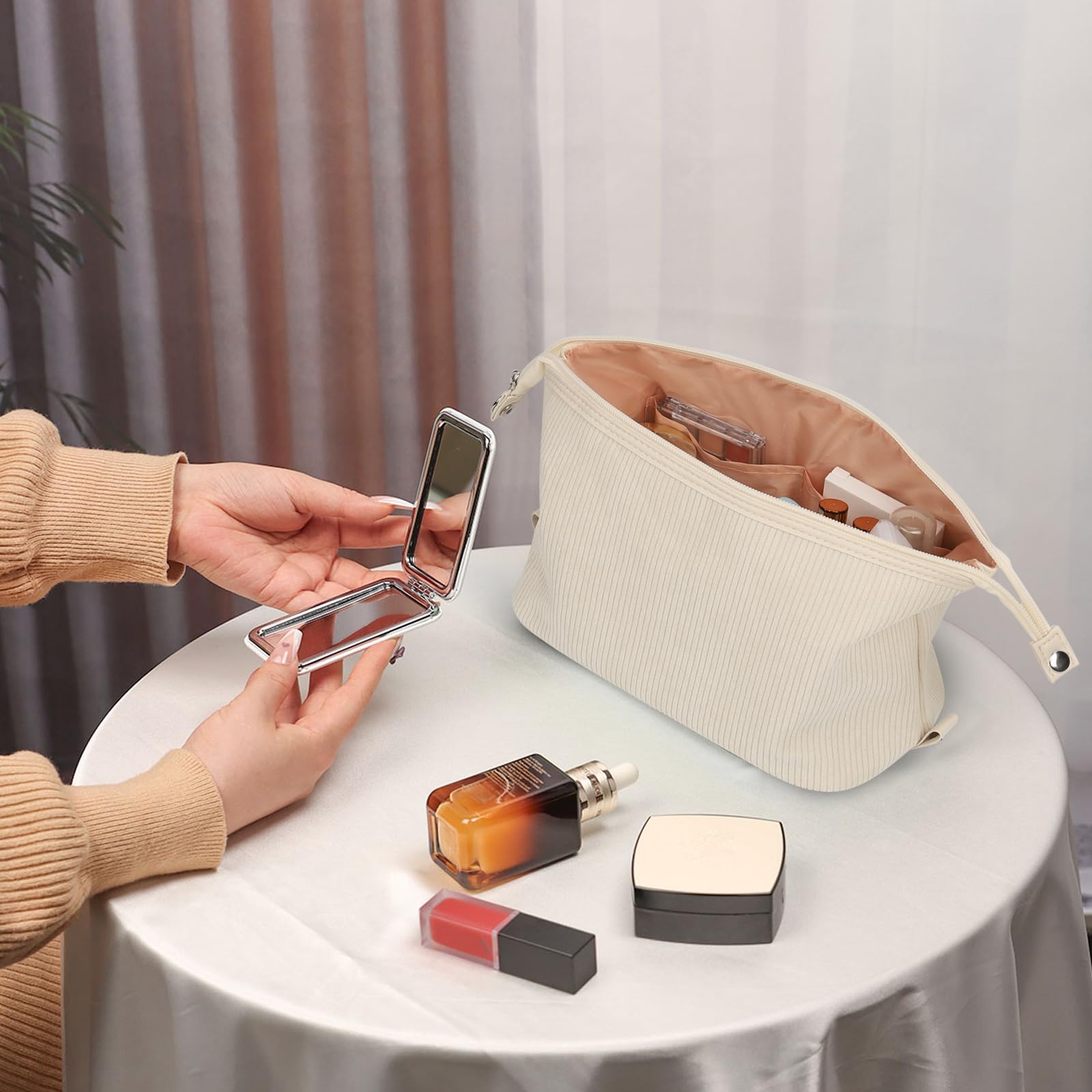 Large Corduroy Makeup Bag for Women - Travel Cosmetic Organizer with Wide Opening for Toiletries, Brushes & Bottles | Perfect for Travel Essentials & Daily Makeup Storage (Beige)
