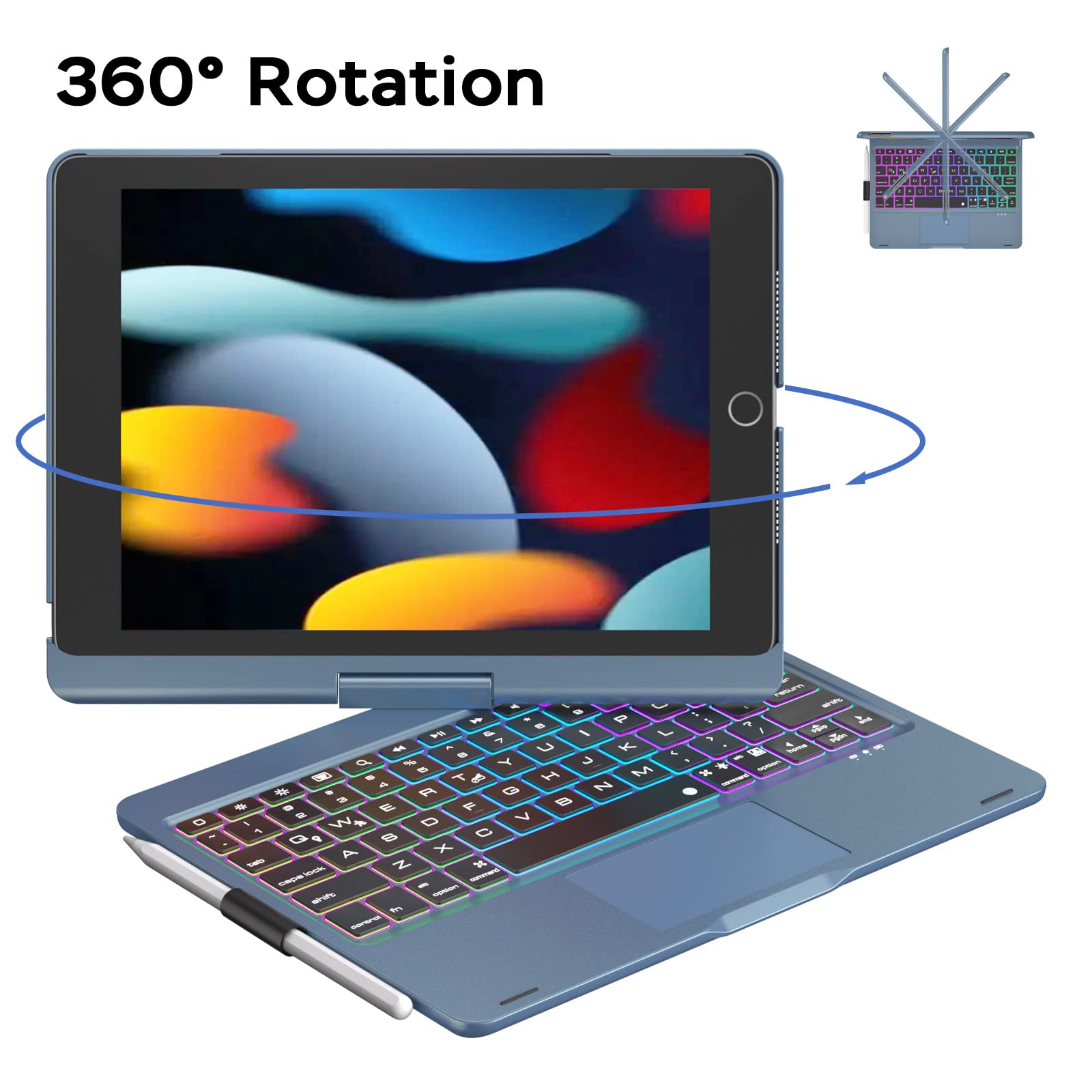 NOKBABO iPad 9th/8th/7th Generation Case with Bluetooth Keyboard, 360° Rotatable Stand, 7-Color Backlit Touchpad & Apple Pencil Holder - Compatible with iPad 10.2