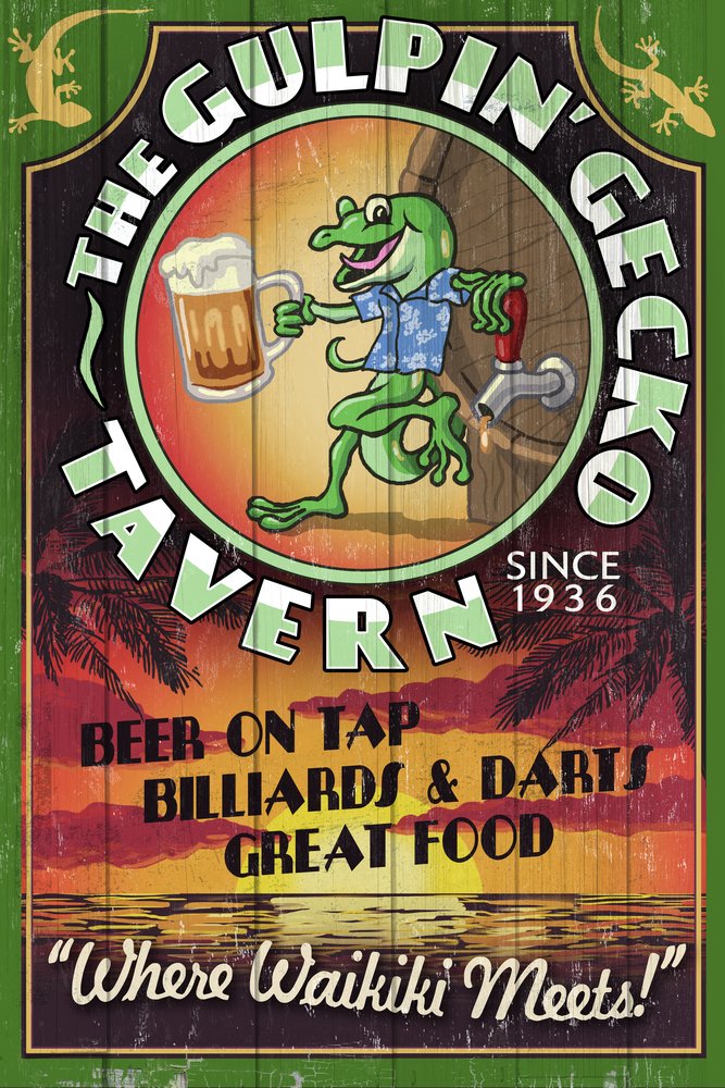 Hawaii Gulpin' Gecko Tavern Vintage Metal Sign - 12x18 Inch Retro Wall Art Decor for Bar, Man Cave & Home Office - Perfect for Hawaiian Themed Parties & Tiki Room Decor