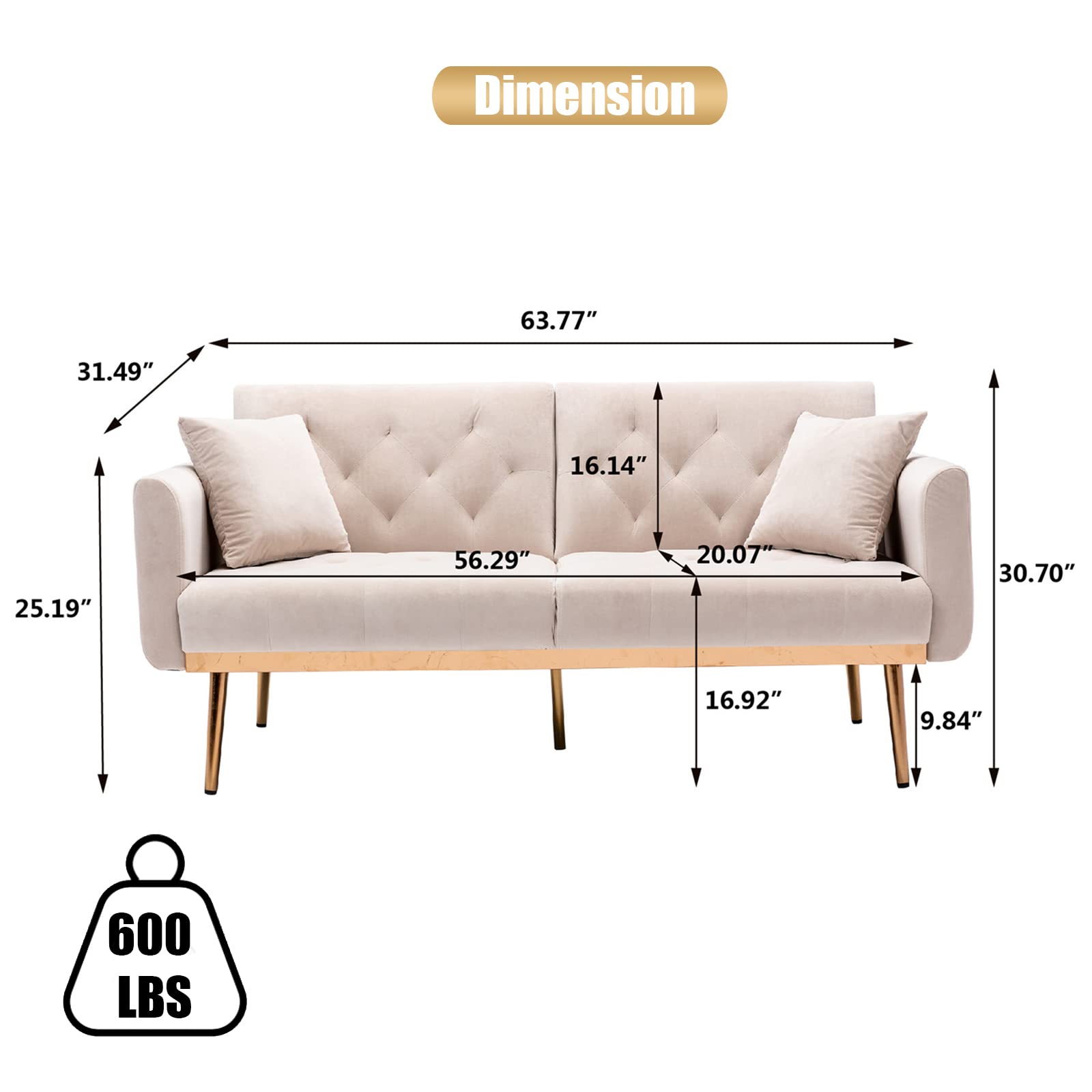 Velvet Accent Loveseat Sofa with Rose Gold Metal Feet - Convertible Sleeper Sofa Bed for Small Spaces, Modern Futon Couch with Split Back Design & 2 Pillows (63.8