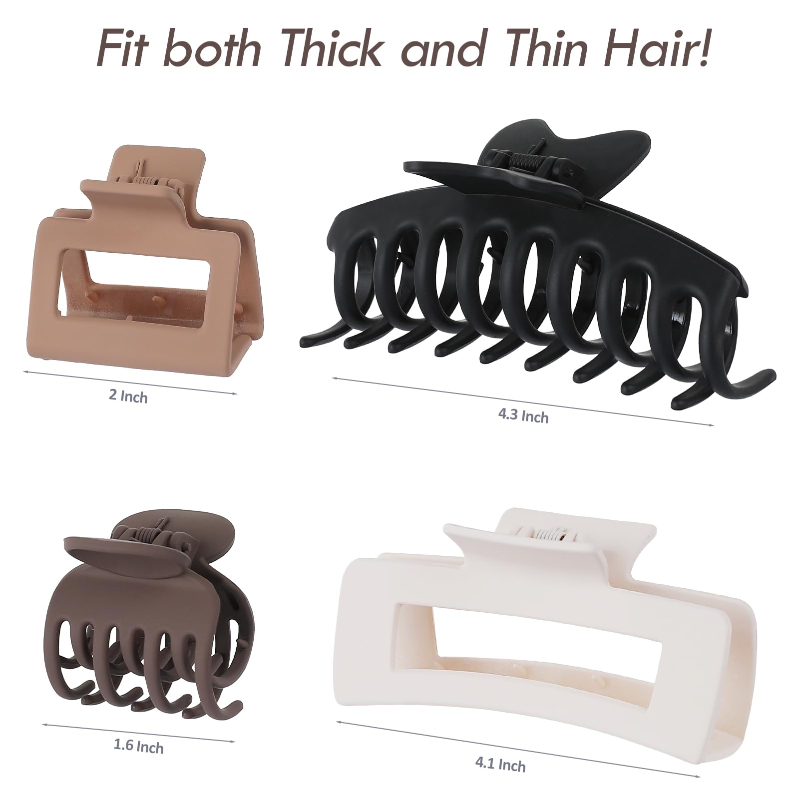 8 Pcs Hair Clips Set for Women & Girls - Large, Medium, Small Hair Accessories for Thick & Thin Hair - 4 Styles (Claw, Rectangle, Square, Butterfly) in Brown - Perfect for School, Work, Parties & Daily Styling