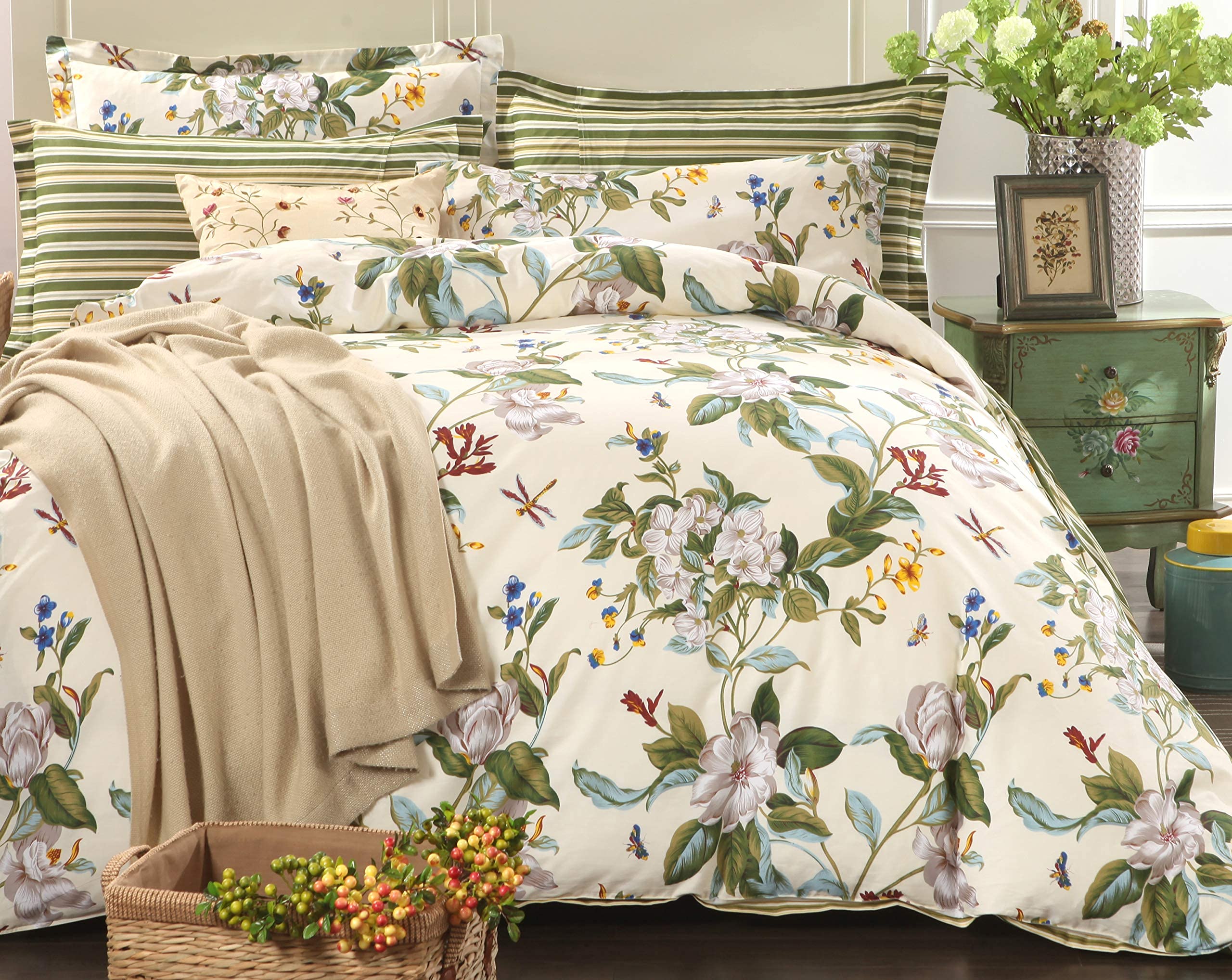 FADFAY 100% Cotton Floral Duvet Cover Set - Green Beige Striped Shabby Chic Queen Size Bedding with Deep Pocket Sheets (7-Piece Set) for Cozy Bedroom Decor & Guest Room Makeover