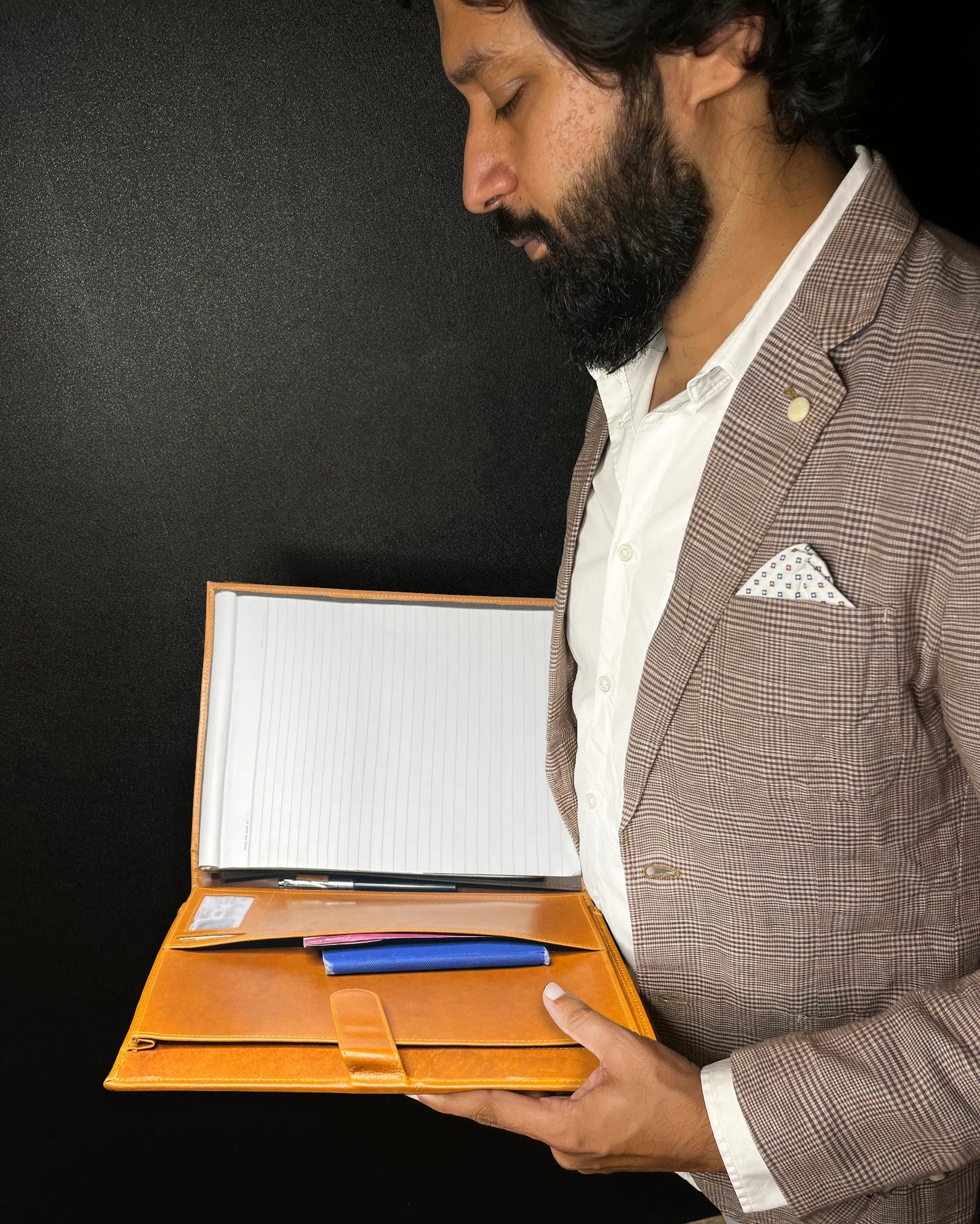 Handmade Genuine Leather Padfolio - Professional Business Portfolio Organizer in Cognac Brown - Perfect for Meetings, Presentations & Office Use