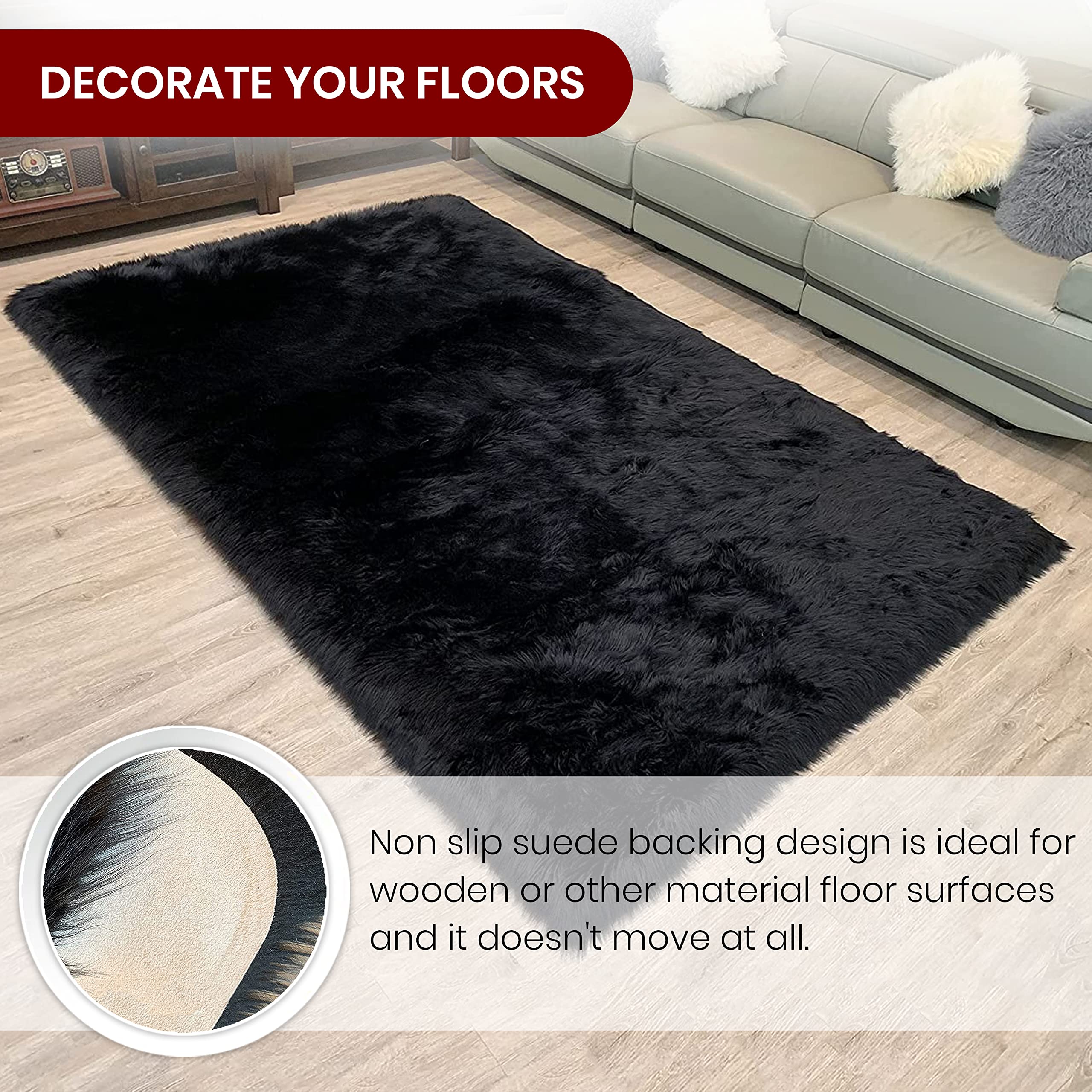 LAMBZY 5'x8' High Pile Super Soft Fluffy Faux Sheepskin Rug - Luxurious Black Faux Fur Area Rug for Living Room, Bedroom, Playroom & Nursery - Ultra Plush & Cozy Home Decor Accent for Floor, Chair or Bed