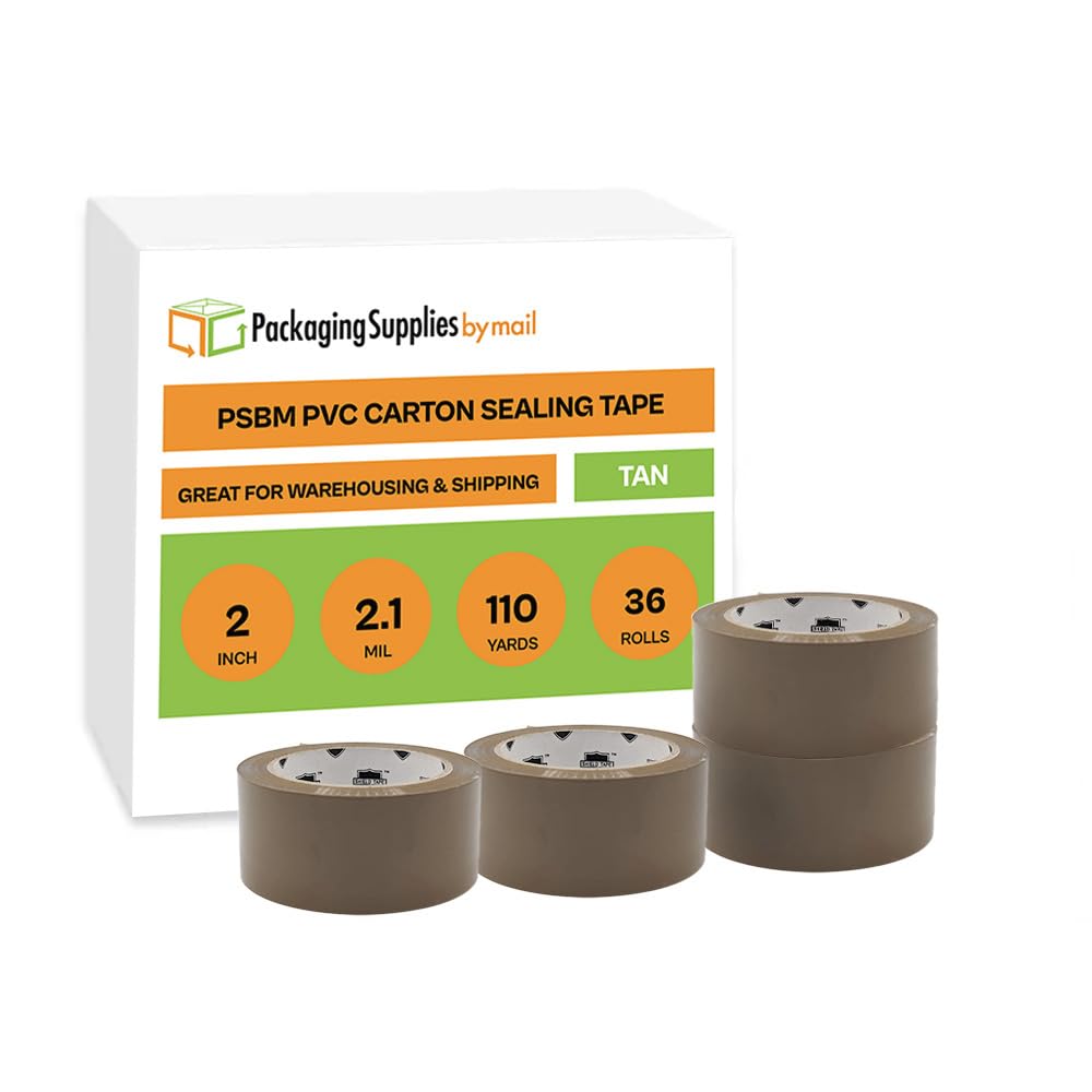 PSBM 2 Inch x 110 Yards Brown PVC Packing Tape - 36 Pack Dispenser Refill for Moving, Storage & Shipping | Heavy-Duty Packaging Tape for Box Sealing, Warehouse Use & Home Moving Supplies