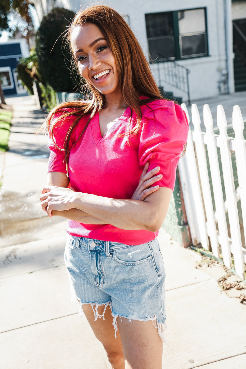Be Bold Solid Fuchsia Shirred Puff Sleeve Sweater Top | Women's Fashion Knitwear | Perfect for Date Night & Fall Layering